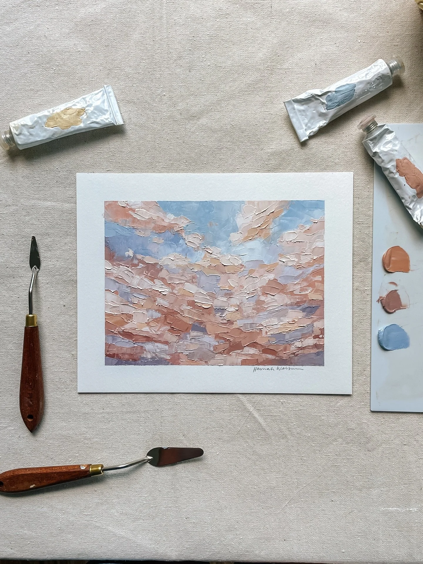 swipe to see the sunset that inspired this painting🩵

It was from when we lived in New Zealand &mdash; I thought I saw the start of a good sunset so I sprinted up the hill to the closest viewpoint near our house and was rewarded with this!! It was a