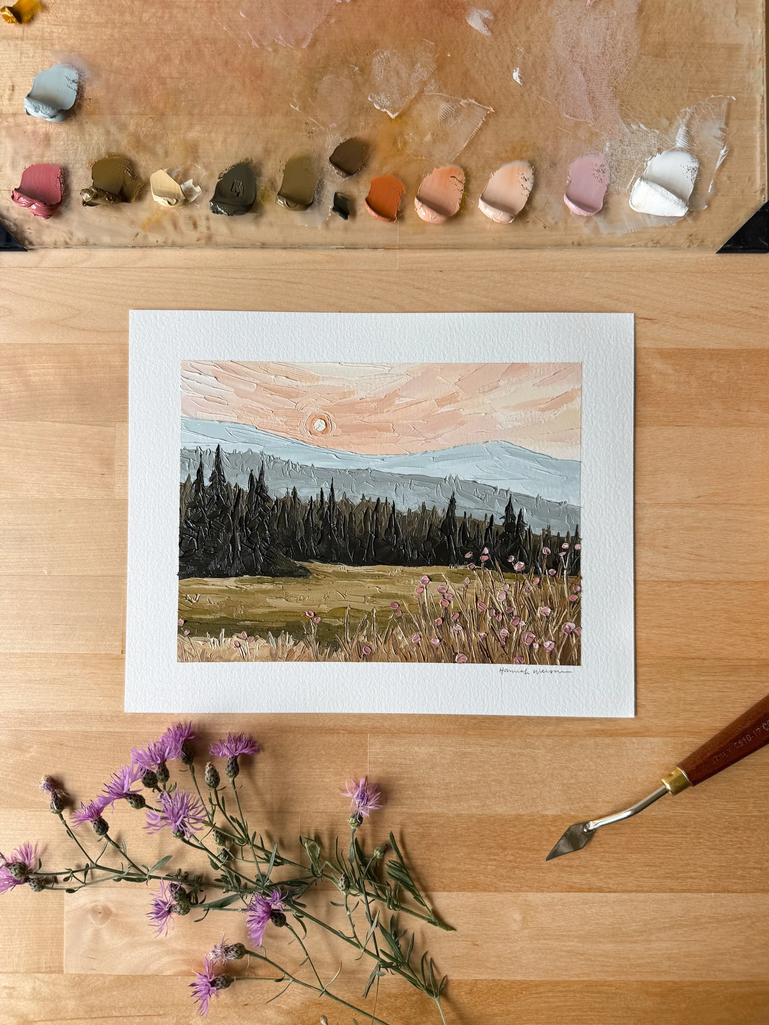 a new painting🫶🏼 swipe to see the inspo!

this was a parking lot sunset after an evening spent paddle boarding :) I was taking some pictures and then spotted these cute purple flowers so I had to include them!