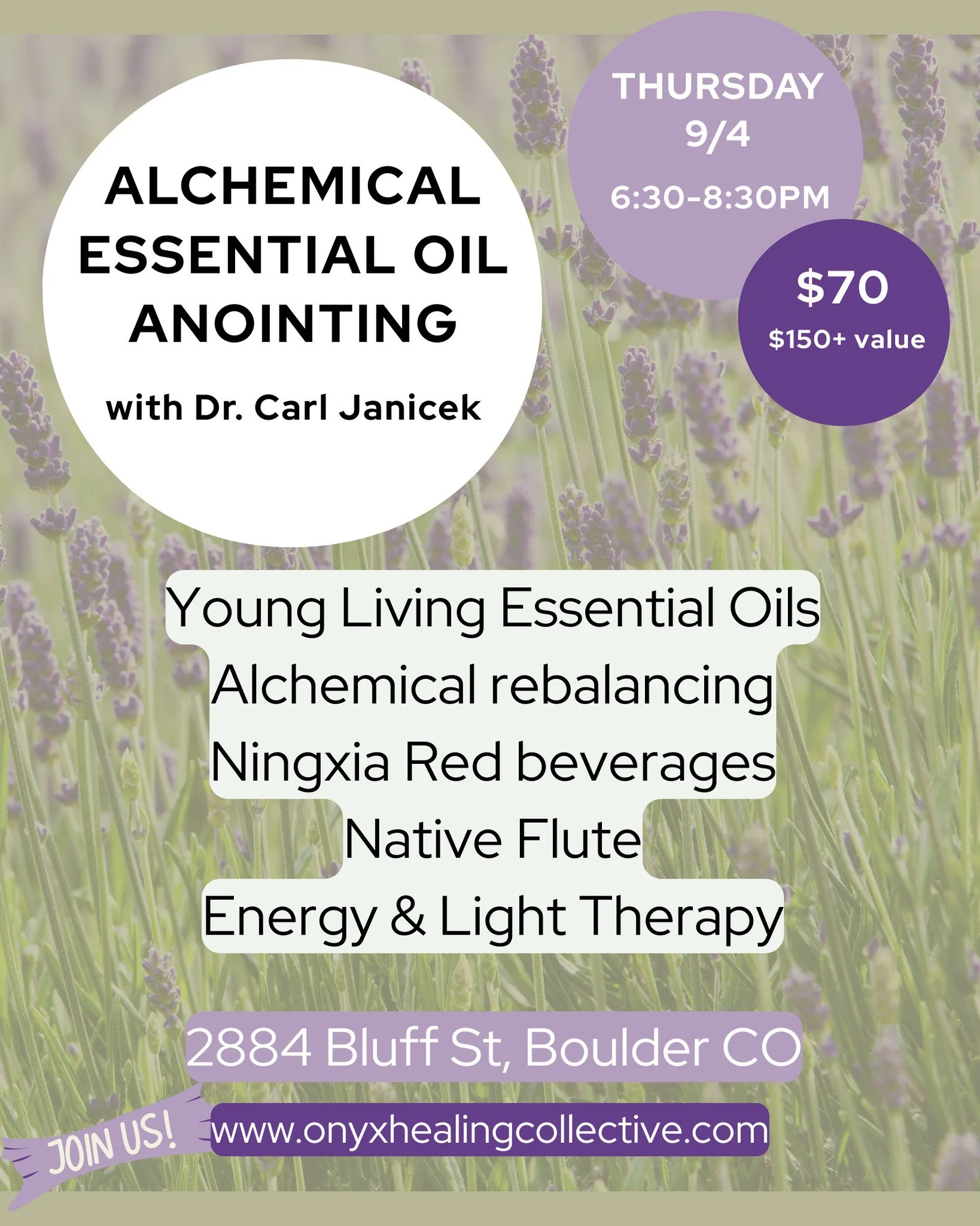 Dr Carl is coming back for another alchemical essential oil anointing event! Spaces are limited, grab your spot now and join us! 

You'll get to experience:
✨Therapeutic Young Living essential oils, tailored to YOU specifically
✨A kinesiology based r