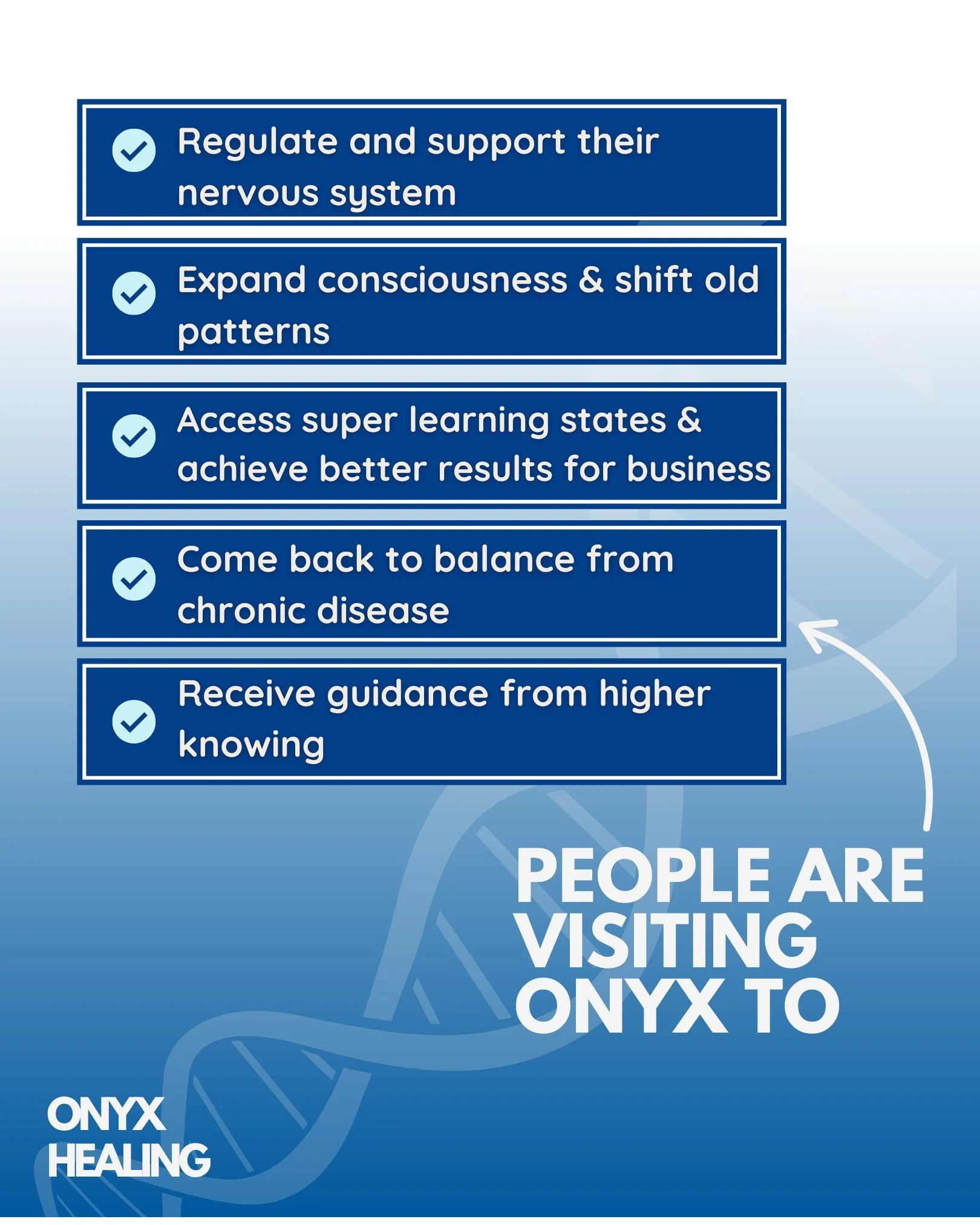 What will you experience during your session at Onyx?

✨Support your nervous system
✨Expand your consciousness &amp; shift
✨Access super learning states
✨Come back to balance, say goodbye to chronic disease
✨Receive guidance from your high knowing

#