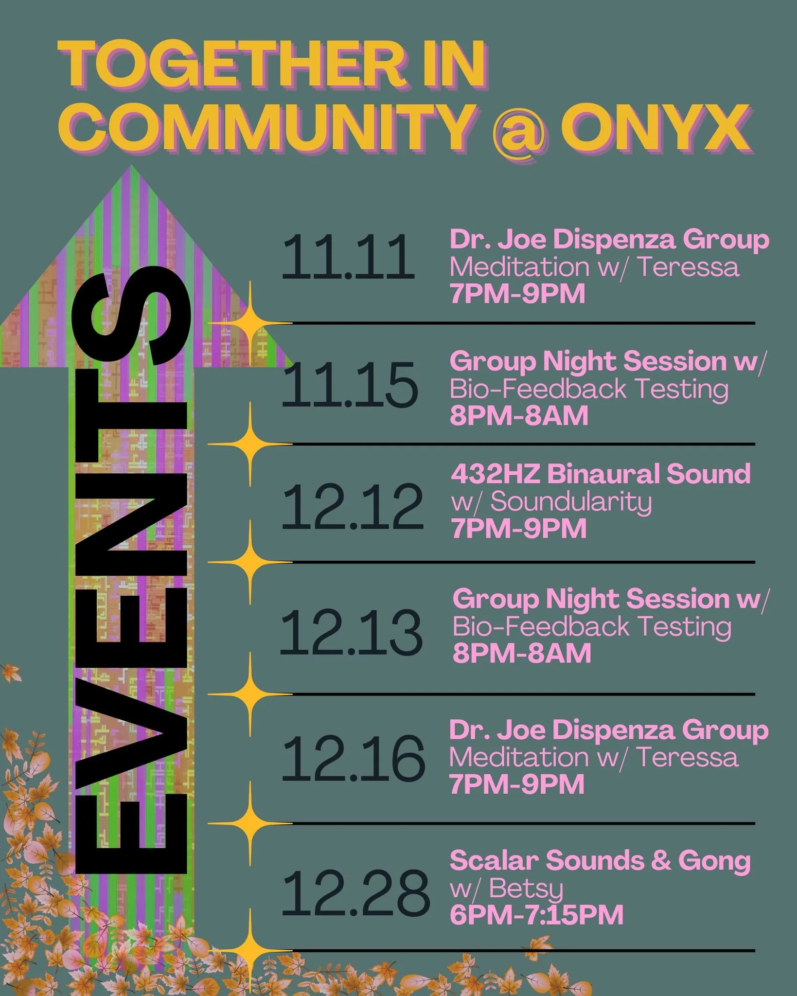 As we align with the cycles of the season we invite you into our wellness center to rest, renew and allow whatever is no longer serving you to fall away.  We hope you'll join us for events that we have planned for you!

Meditation &amp; Community con