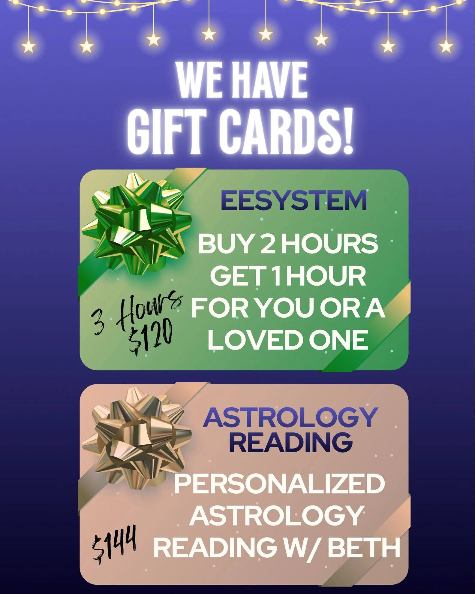 We have gift cards! 
✨Give the gift of wellness! Buy 2 Hours, Get 1 free!
✨ Nervous system support, cellular health, improved sleep &amp; more!!
🪐Give the gift of Astrology! 
🪐 Understand your blueprint &amp; what's happening for you now

Visit our