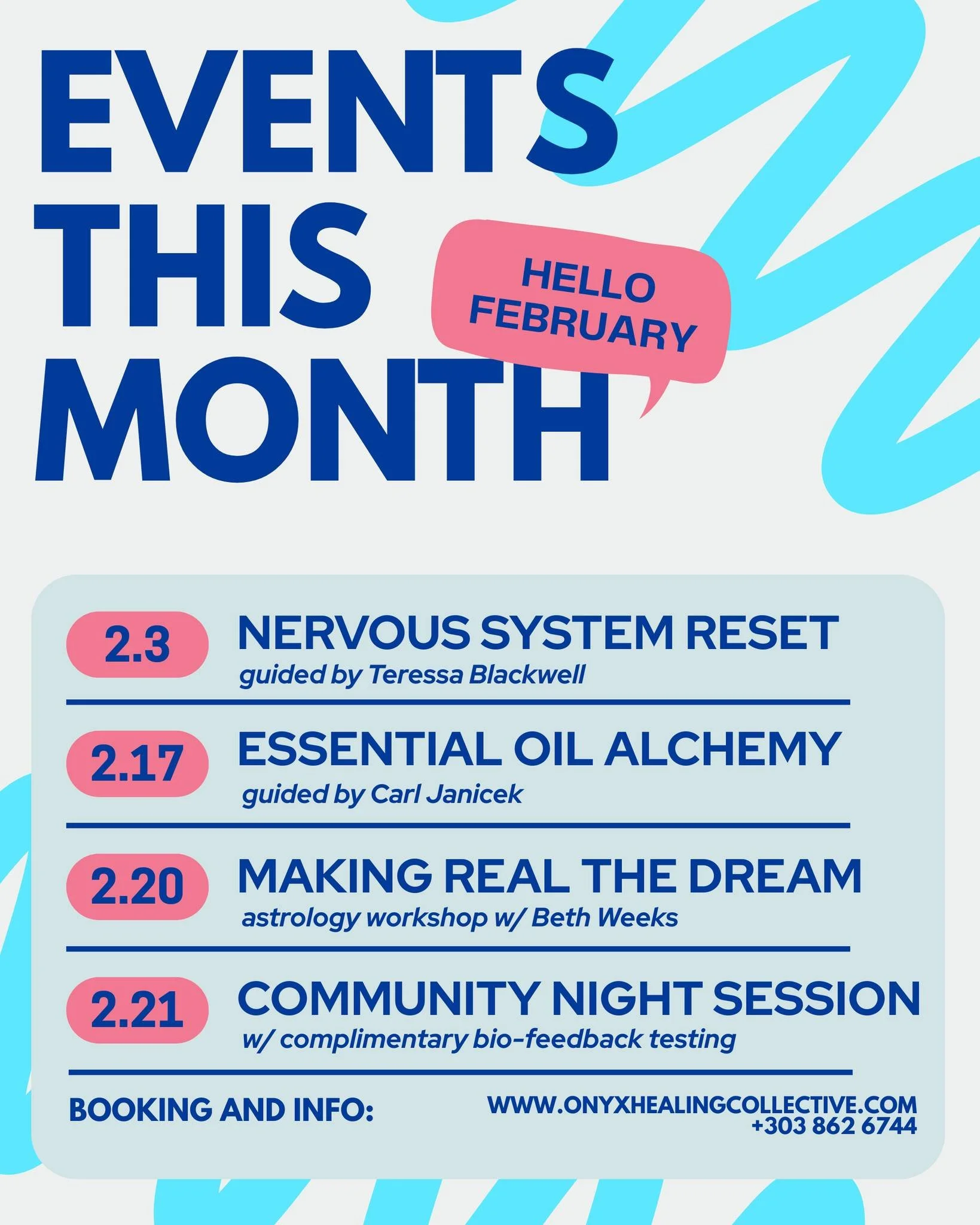 FEBRUARY is here! We have some wonderful events for you!
2/3 Nervous System Reset
2/17 Essential Oil Alchemy, Chinese New Year &amp; Solar Eclipse!
2/20 Making Real The Dream, Astrology Workshop
2/21 Community Night Session with bio-feedback testing
