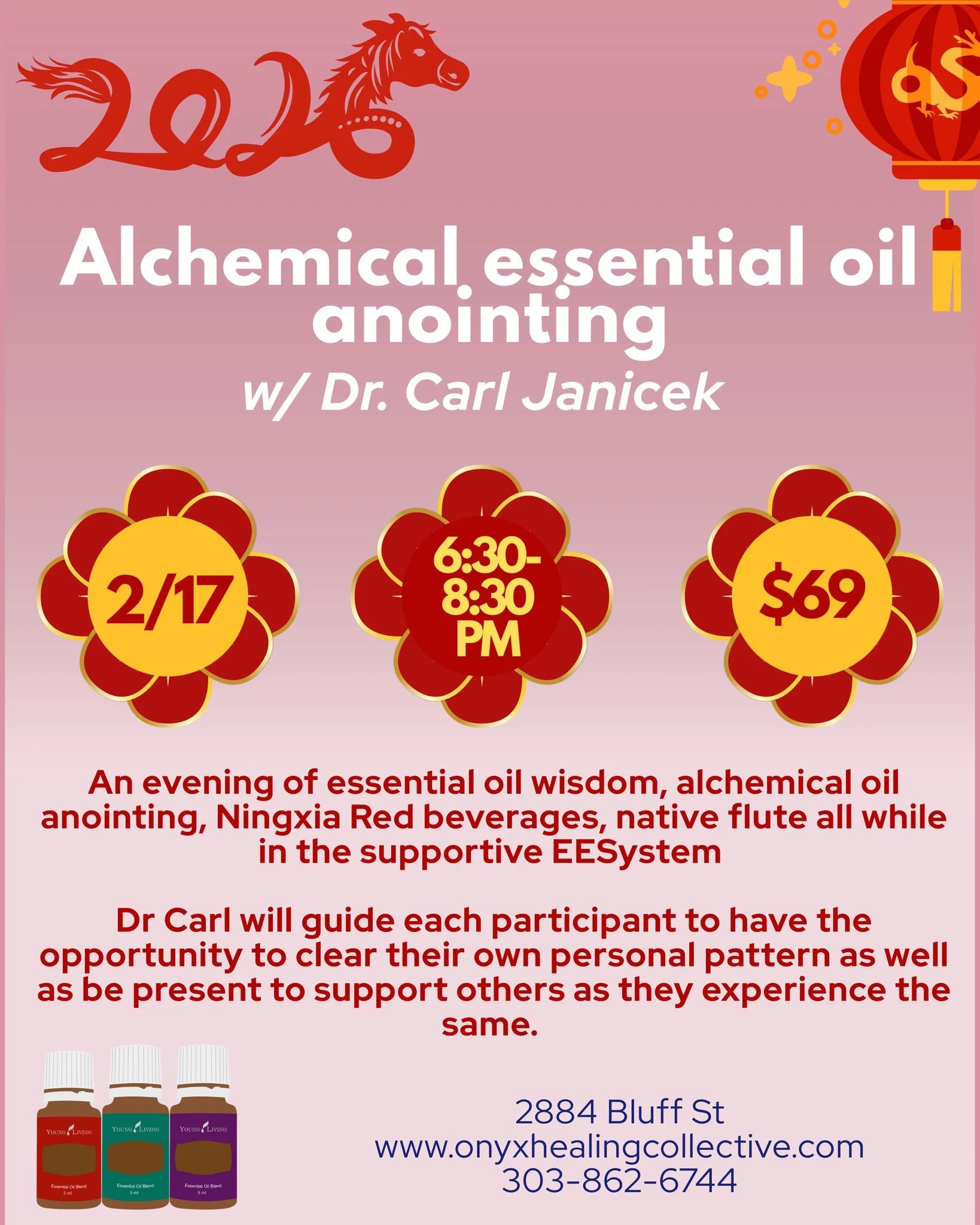 You're invited to usher in the year of the firehorse, the Chinese new year with an ancient wisdom practice of anointing essential oils for greater alchemy.

What to expect? Using Kinesiology, Dr. Carl Janicek will work with you and your energy field 