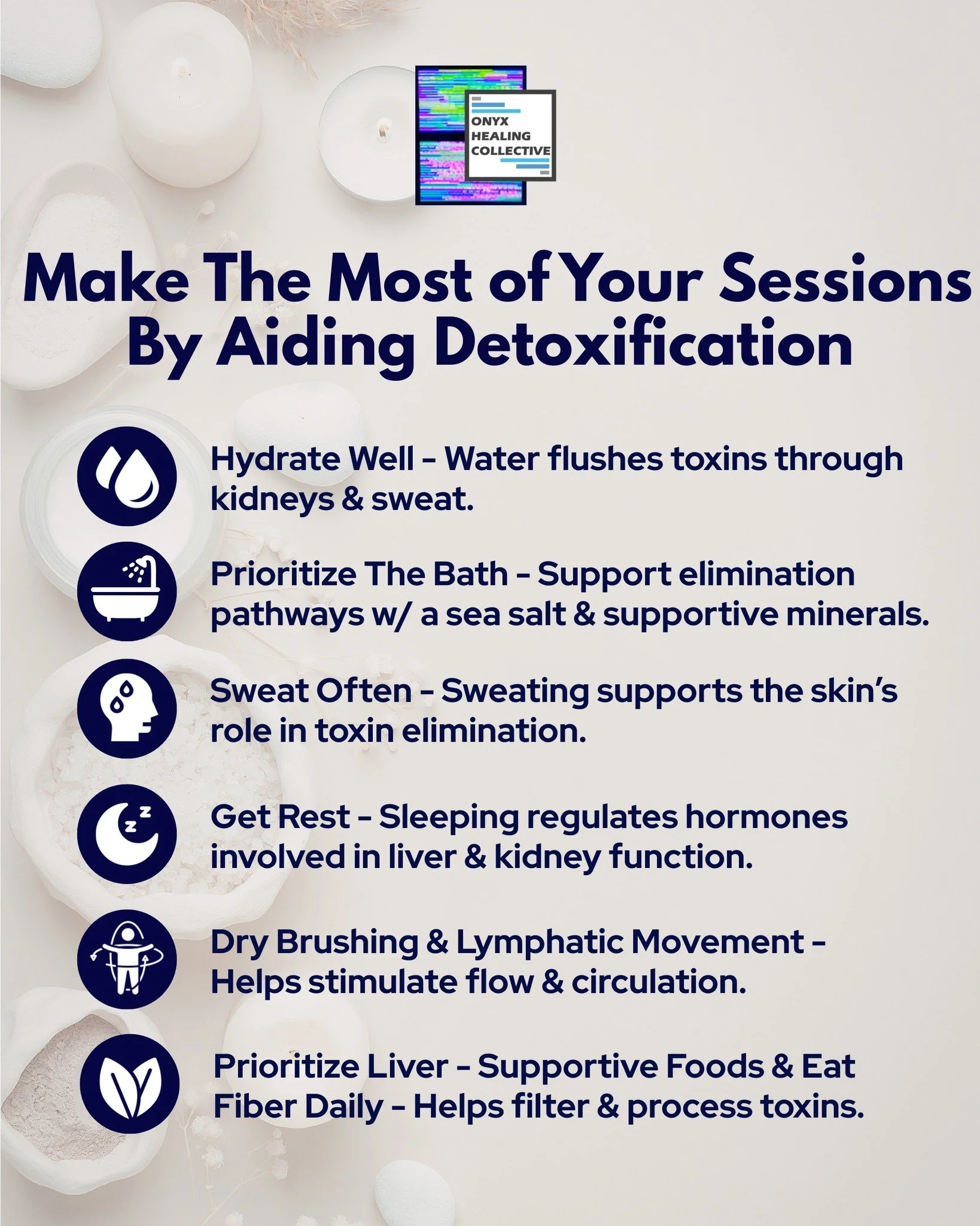 Sundays are a great day for self care before heading into the week. Support detoxification with these tips:
✨ Hydration
✨ Sea salt bath
✨ Sweat often
✨ Get adequate rest
✨ Stimulate your lymphatic system
✨ Support the liver &amp; nutrition &amp; fibe