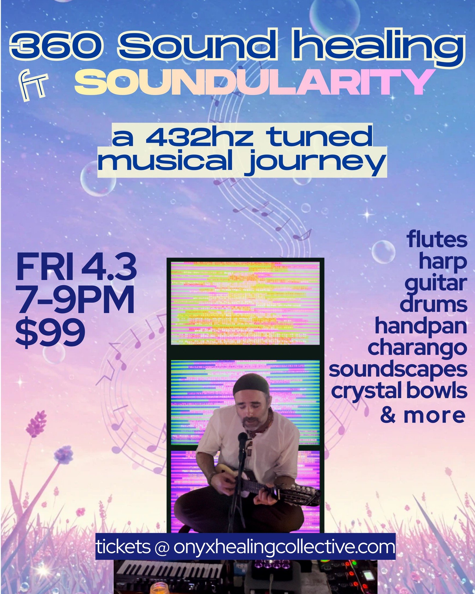 Join us for a 360 sound healing journey with all instruments tuned to 432 Hz. This is an experience you won't want to miss, all while in the #eesystem a scalar field of hyper healthy energy system.

Friday 4/3
7-9PM
Tickets @ onyxhealingcollective.co