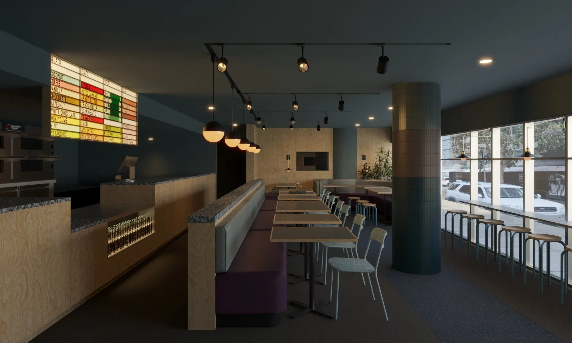 Empty cafe with tables and chairs facing large windows, menu board above counter, lighting fixtures hanging from ceiling, and cars parked outside.