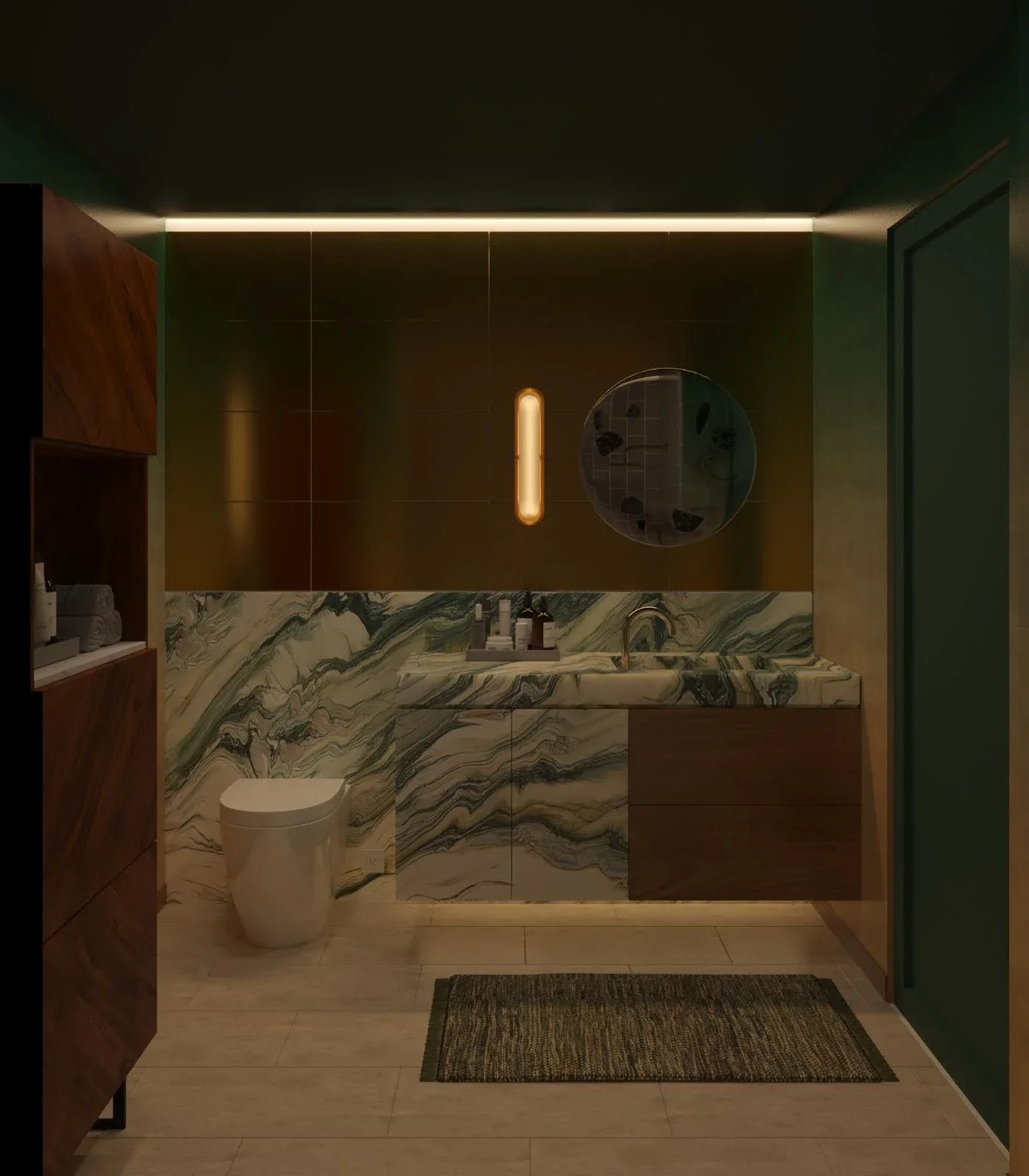 Modern bathroom with marble countertop, wall tiles, and a toilet.