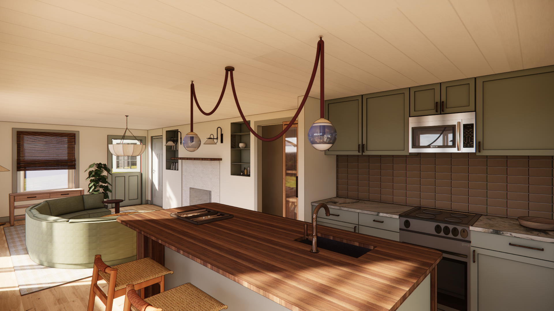 Interior view of a cozy open-concept kitchen and living room with a large wooden island, green cabinets, a brick backsplash, and modern lighting fixtures, including two globe pendant lights and a wall-mounted light, with a window, door, and a fireplace in the background.