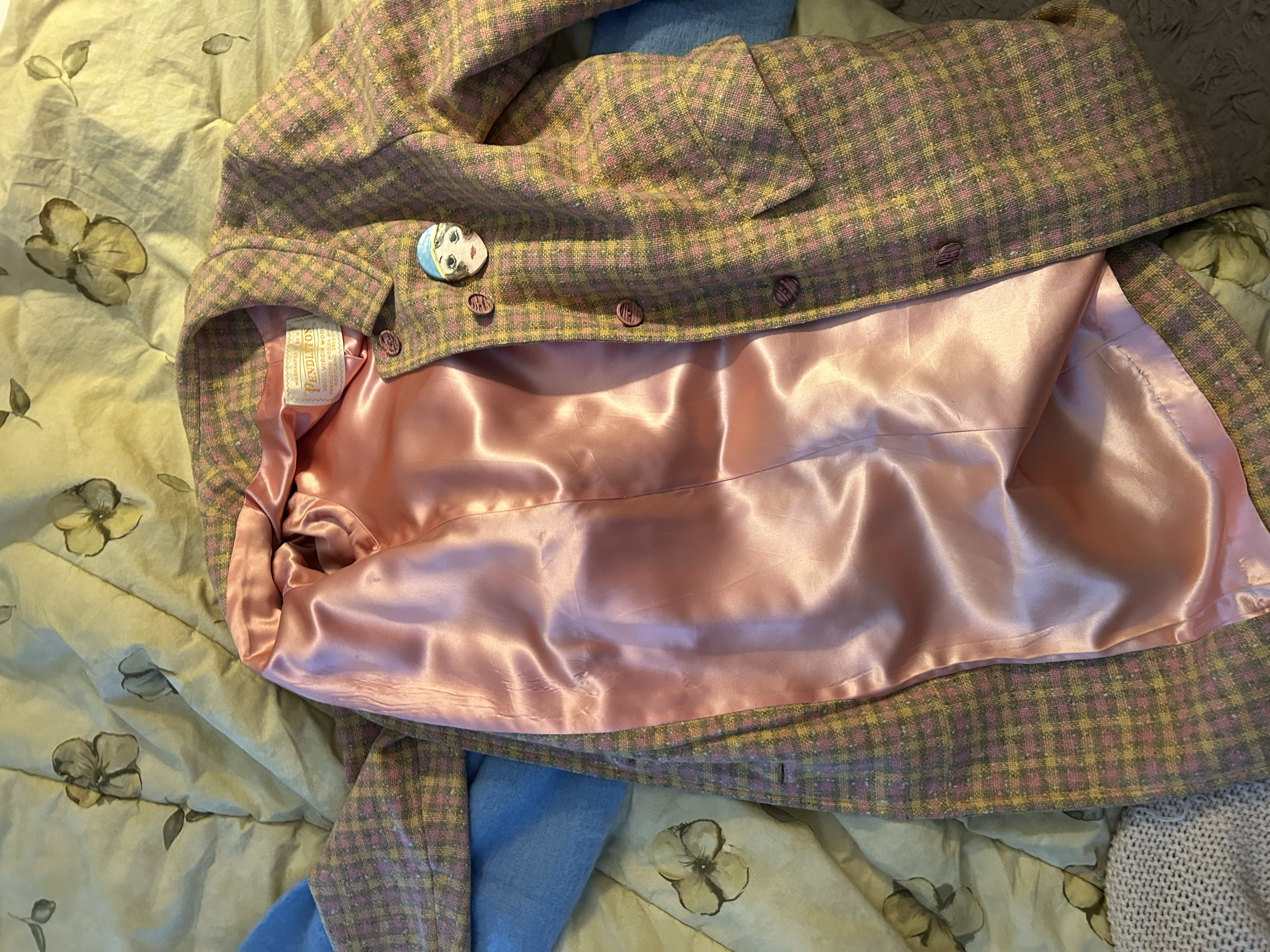 my favorite 1960s wool coat with a shiny pink lining