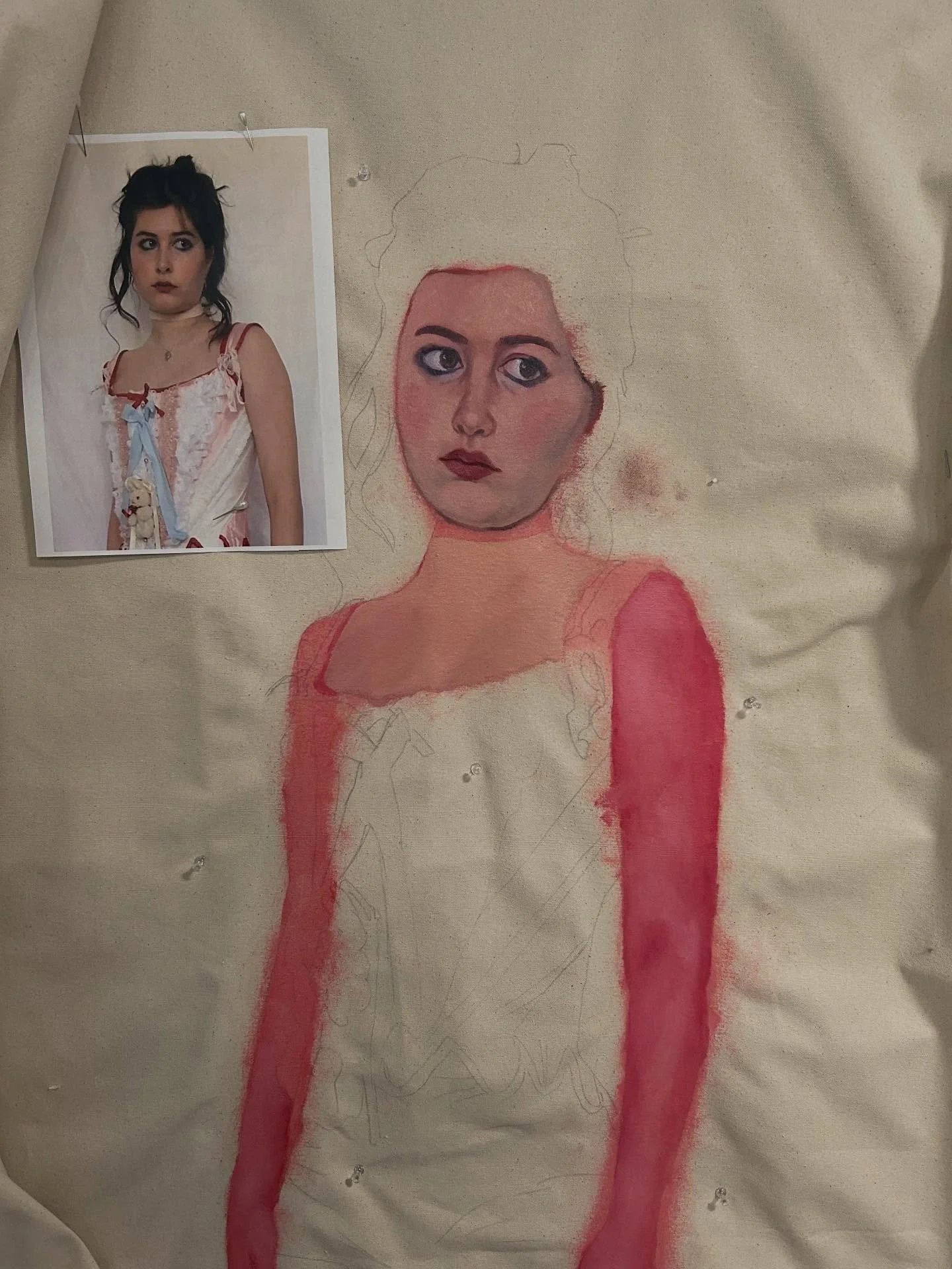 The tales of making each piece currently included in my 40% off art sale: 

1. Life-sized self portrait - an oil painting and fabric combo piece that is as tall as me. I had to take over my kitchen wall and table for the majority of working on this p