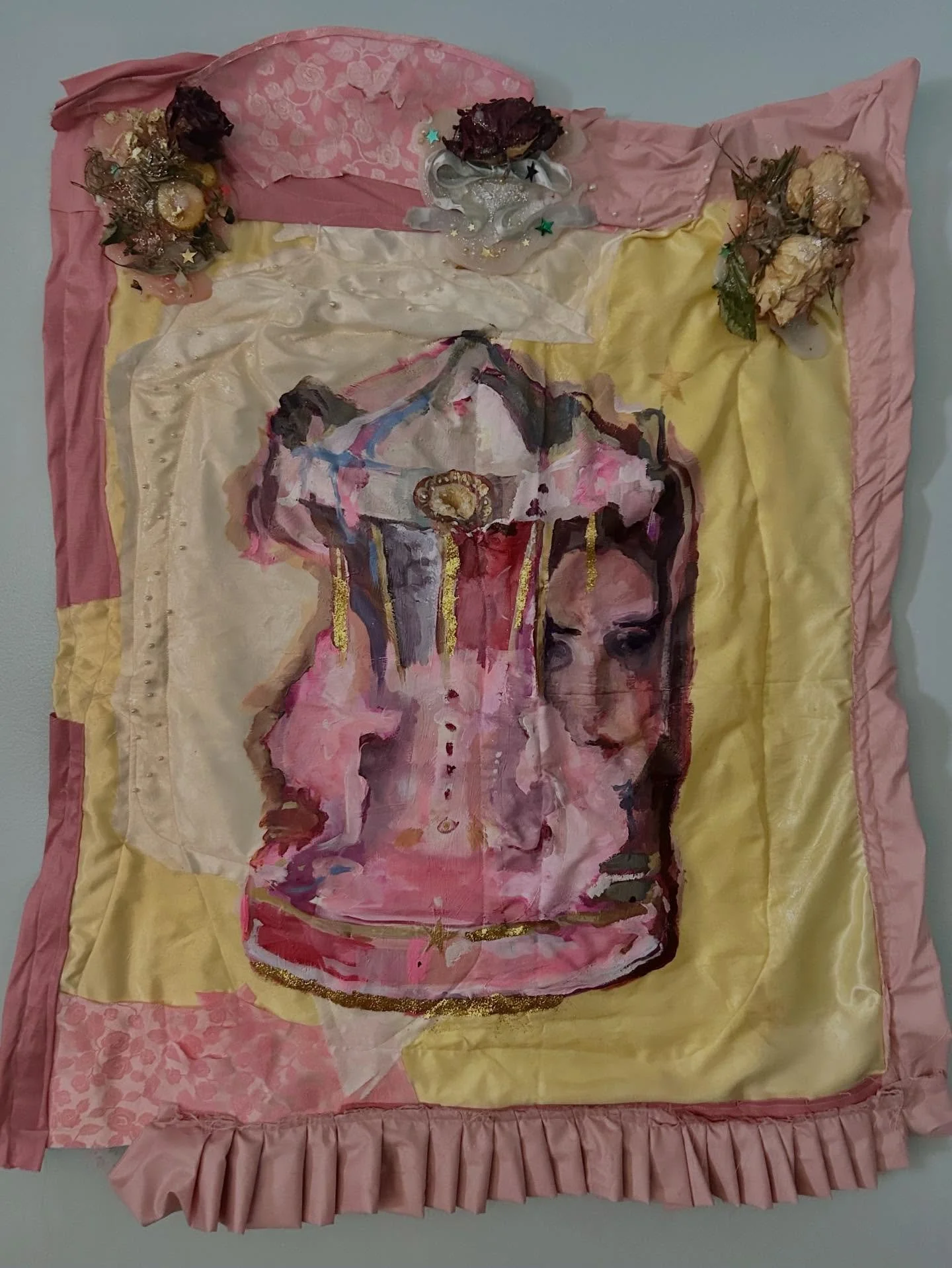 I can be a time machine 

acrylic on fabric with wax and dried flowers 

see it at @thevoyeurbordello on May 1st 🎠