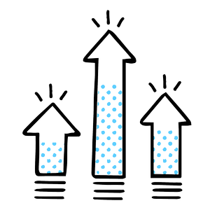 An illustration in black linework with blue halftone accents of three arrows pointing upwards