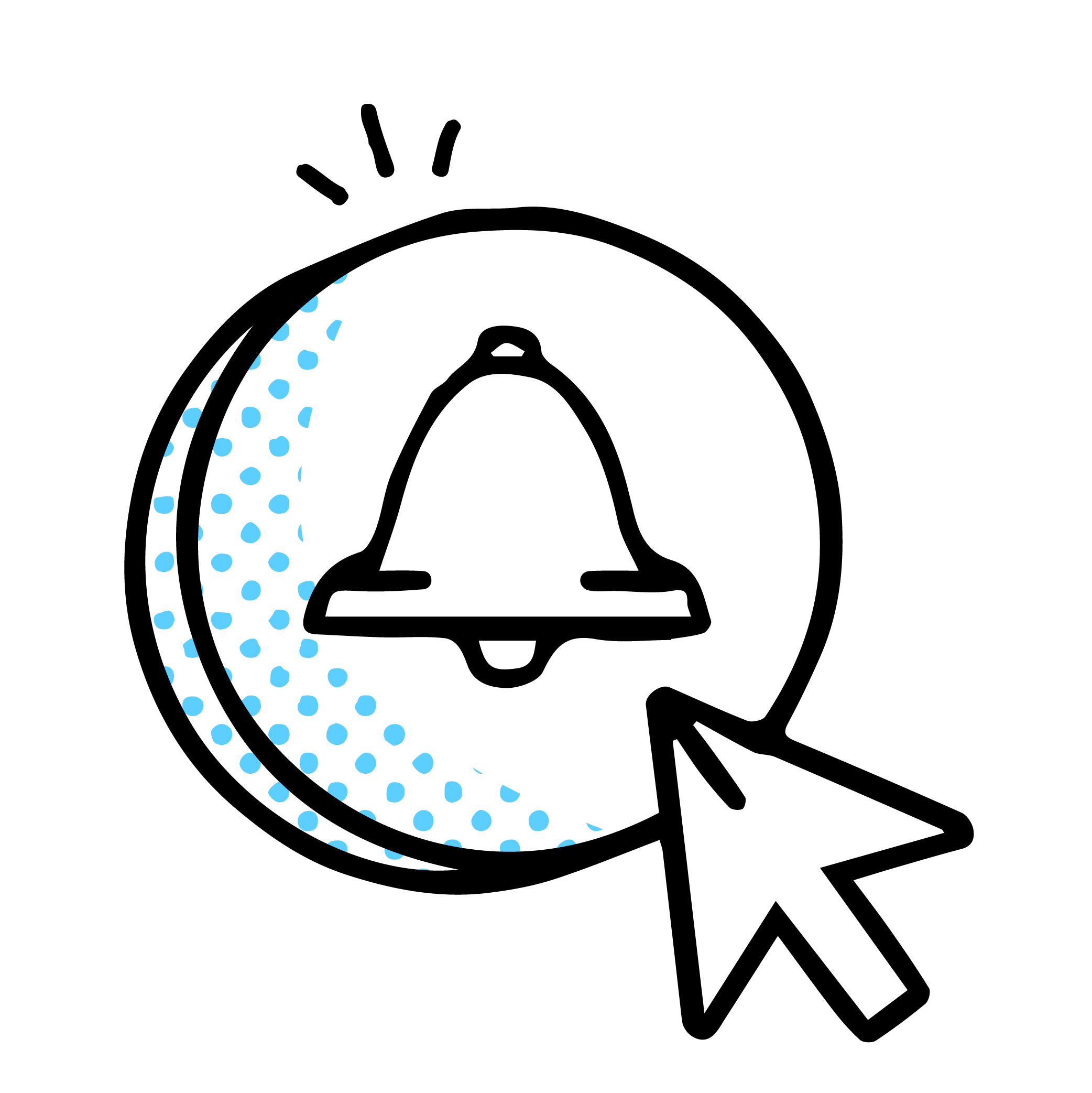 An illustration in black linework with blue halftone accents of a computer cursor clicking on a circular button that depicts a bell