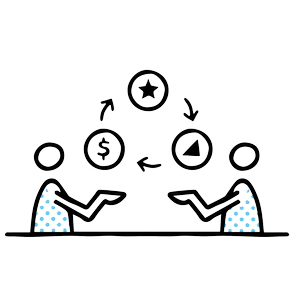An illustration in black linework with blue halftone accents of two people facing each other while three discussion bubbles float in the air between them