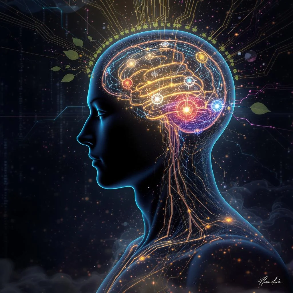 Futuristic illustration of a glowing human silhouette with illuminated neural pathways and seven radiant energy centers, set against a surreal sci-fi background blending technology and nature.