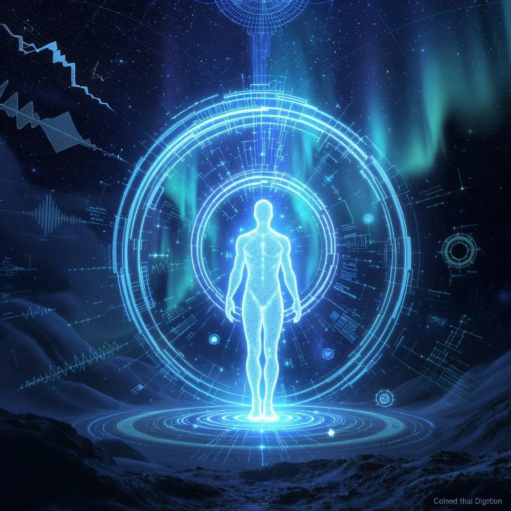 Digital artwork of a luminous human silhouette encased in a glowing toroidal energy field, surrounded by waveform patterns, floating data visuals, and subtle cosmic light—symbolizing the measurable and mystical aspects of the human biofield.