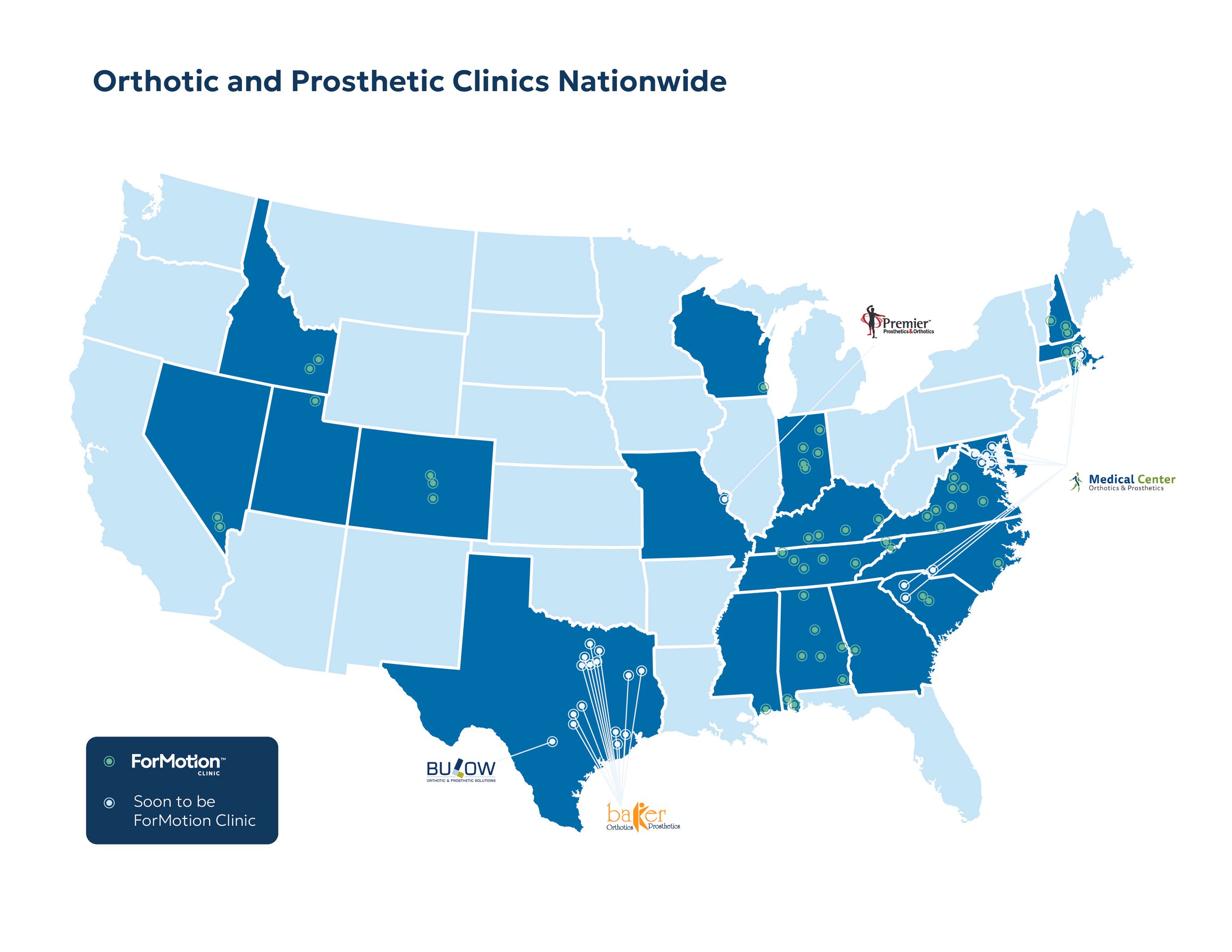 A map of ForMotion Clinics in the US.