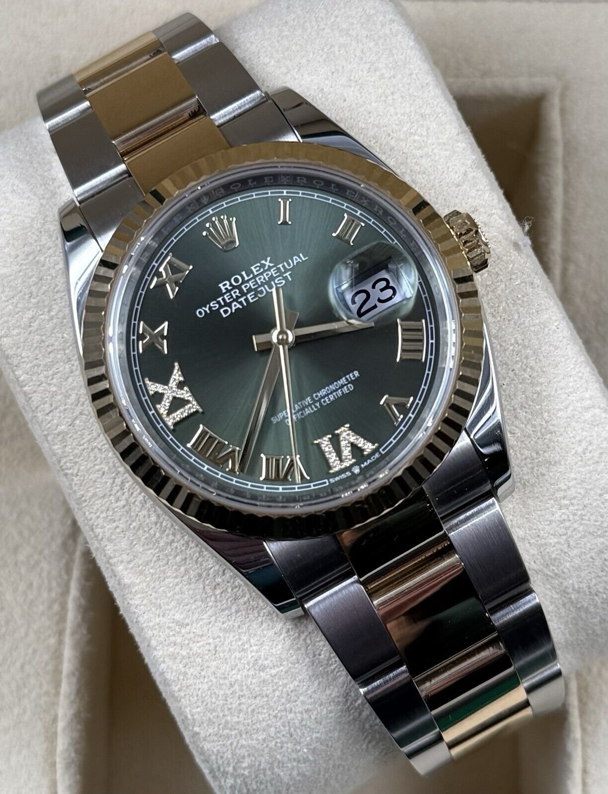 Rolex Datejust 126233 Olive Green Roman Diamond Yellow Gold Steel Oyster