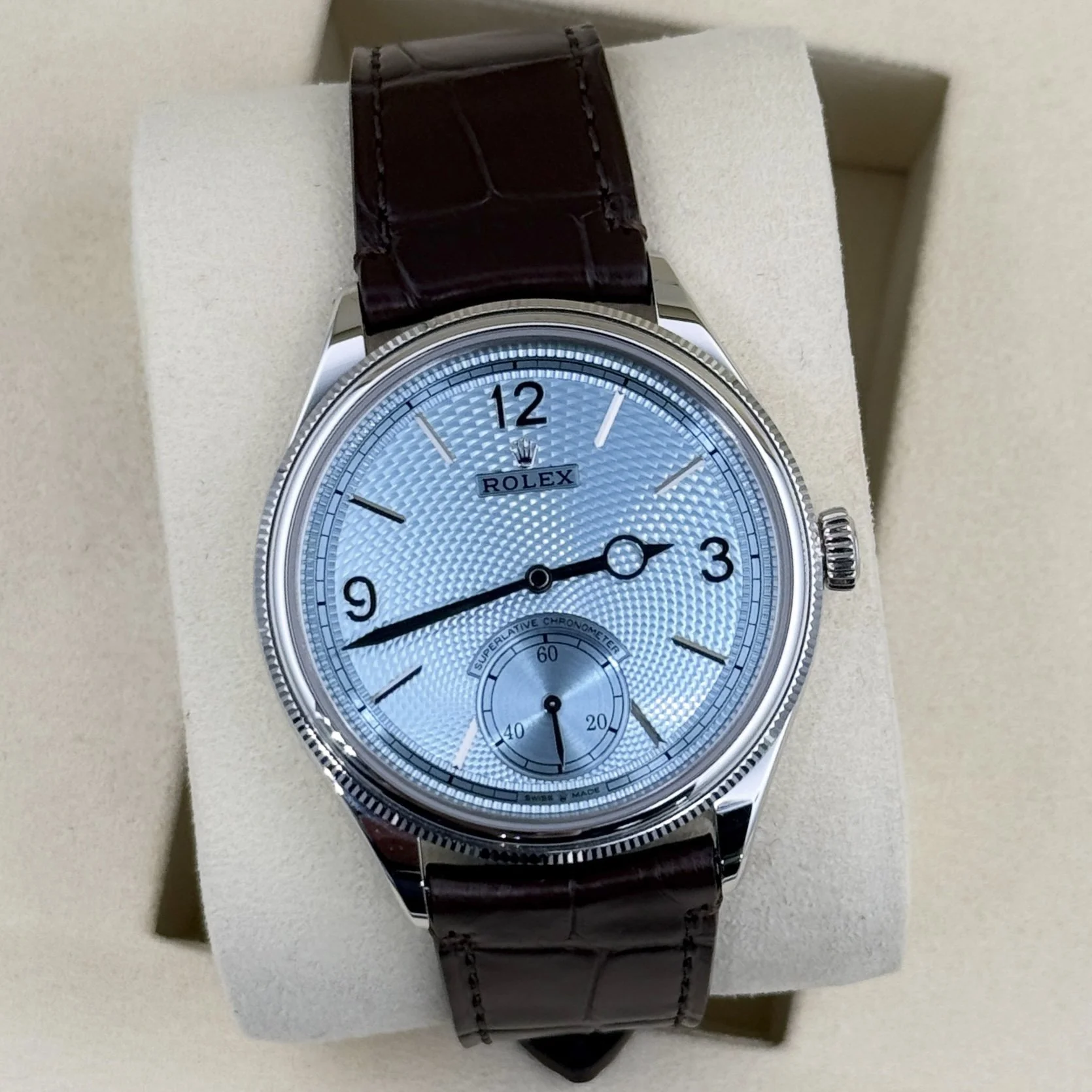 Rolex Perpetual 1908 Platinum Ice Blue Rice Grain Dial 39mm 52506