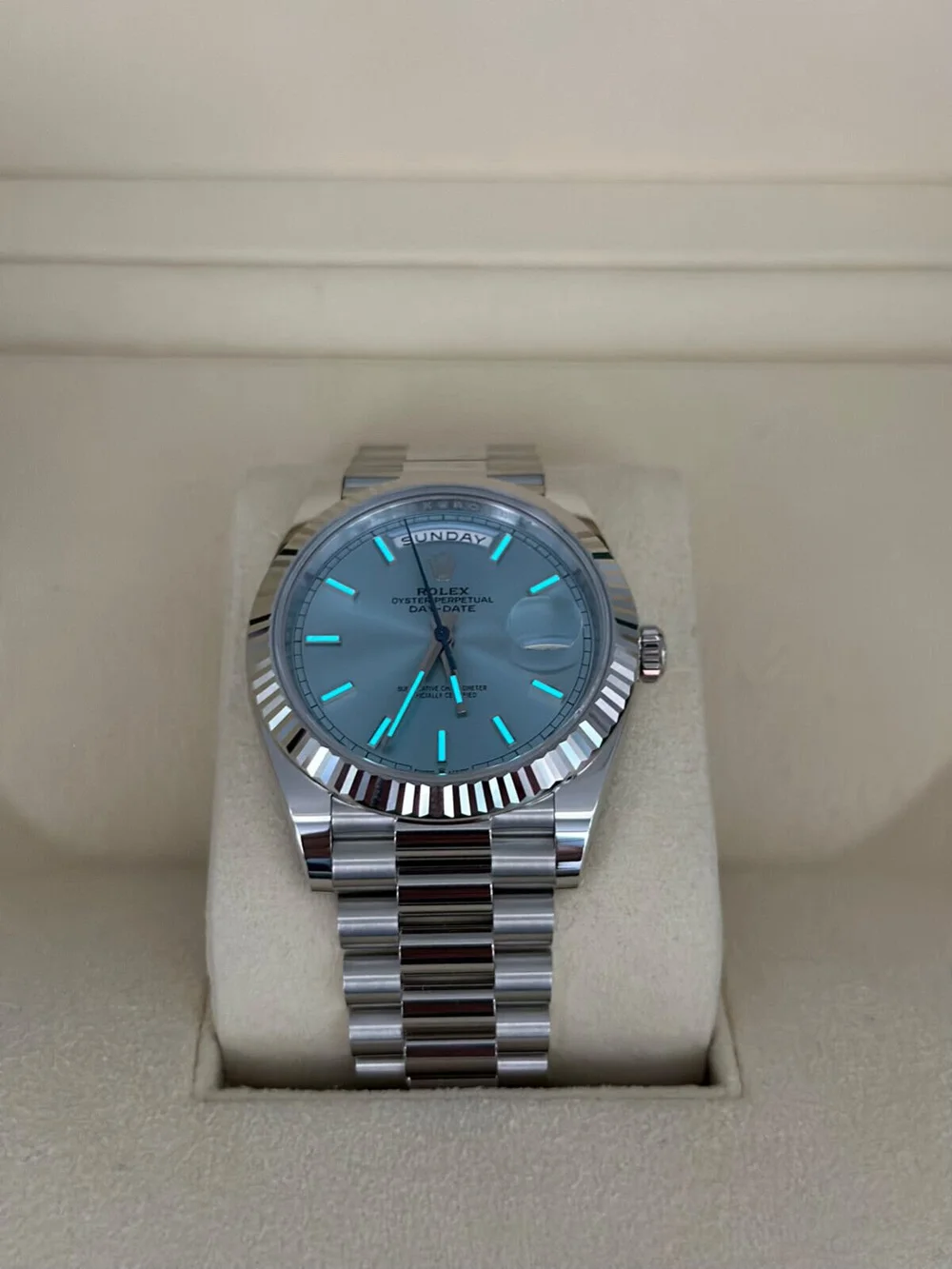 Rolex Day Date 228236 Platinum Ice Blue Stick Dial 40MM Men's