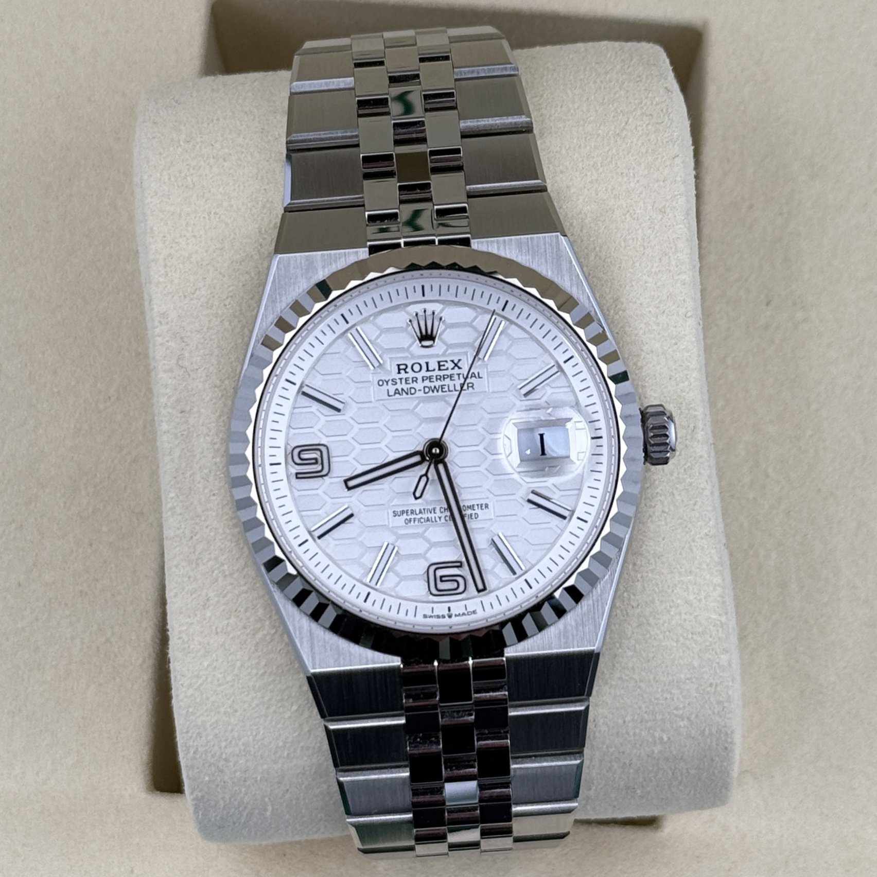 Rolex Land-Dweller White Honeycomb Fluted Jubilee Steel 36mm 127234