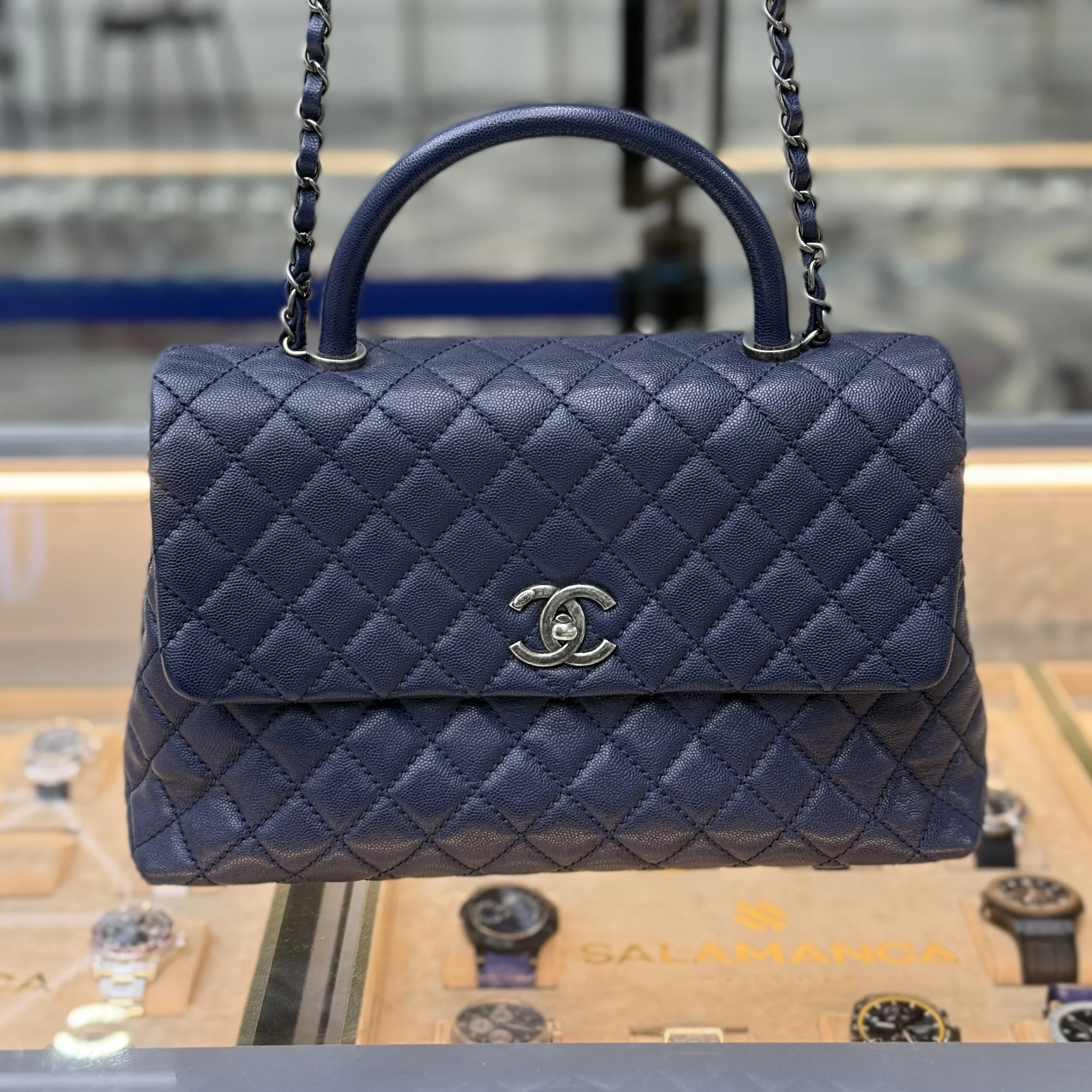 Chanel Coco Handle Quilted Caviar Large Navy Blue RHW Handbag