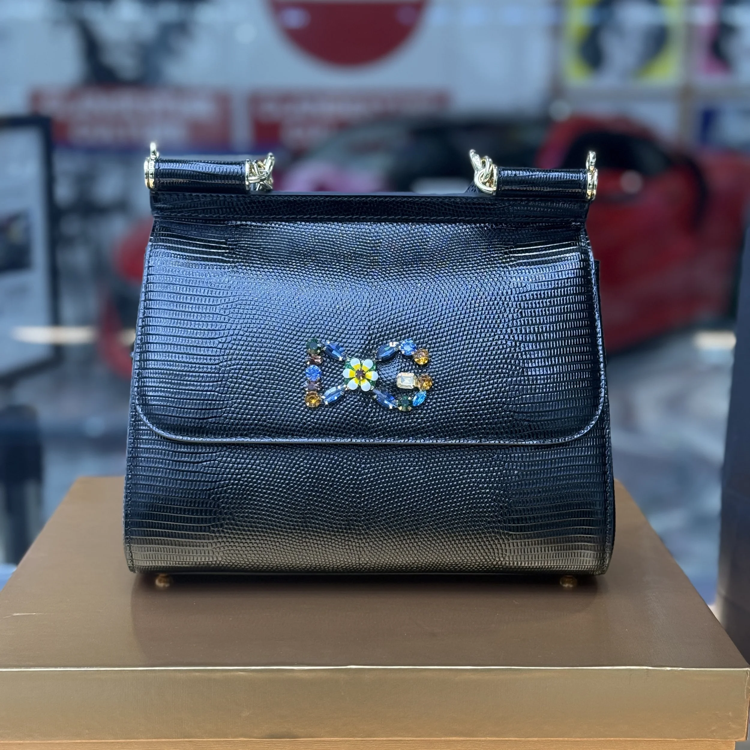 Dolce & Gabbana Sicily Handbag - Black Iguana Embossed Leather