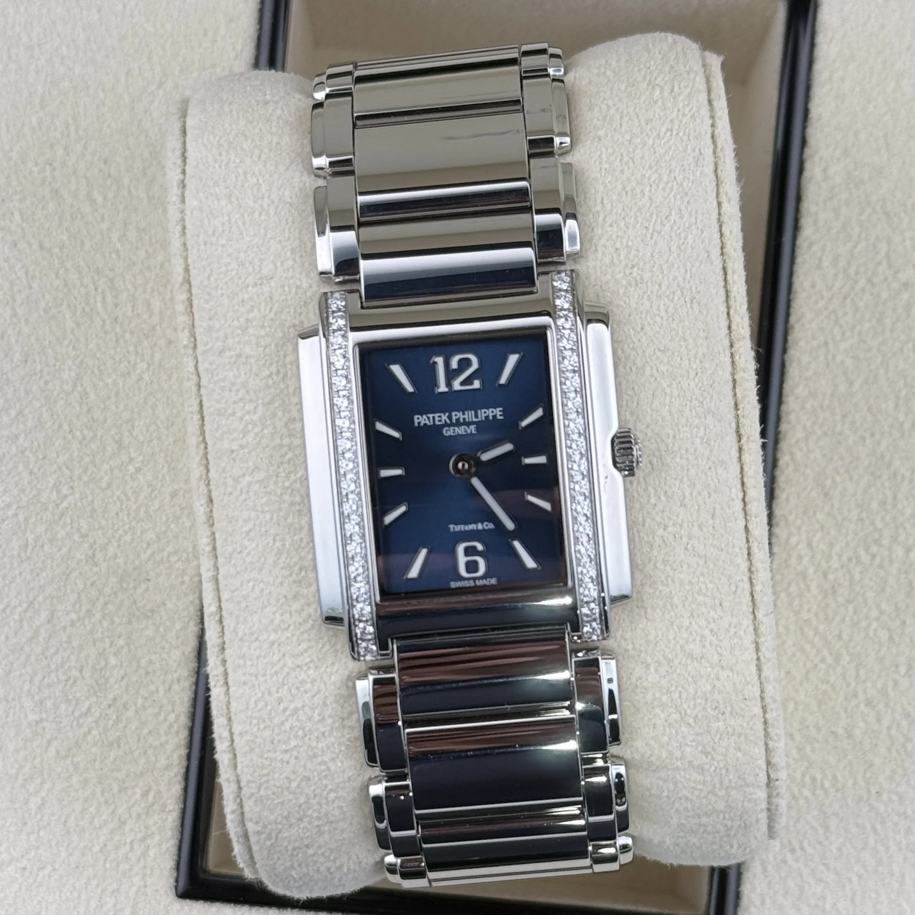 Patek Philippe Twenty~4 Blue Dial Tiffany Stamp Steel Diamond 25mm 4910/1200A Ladies Watch