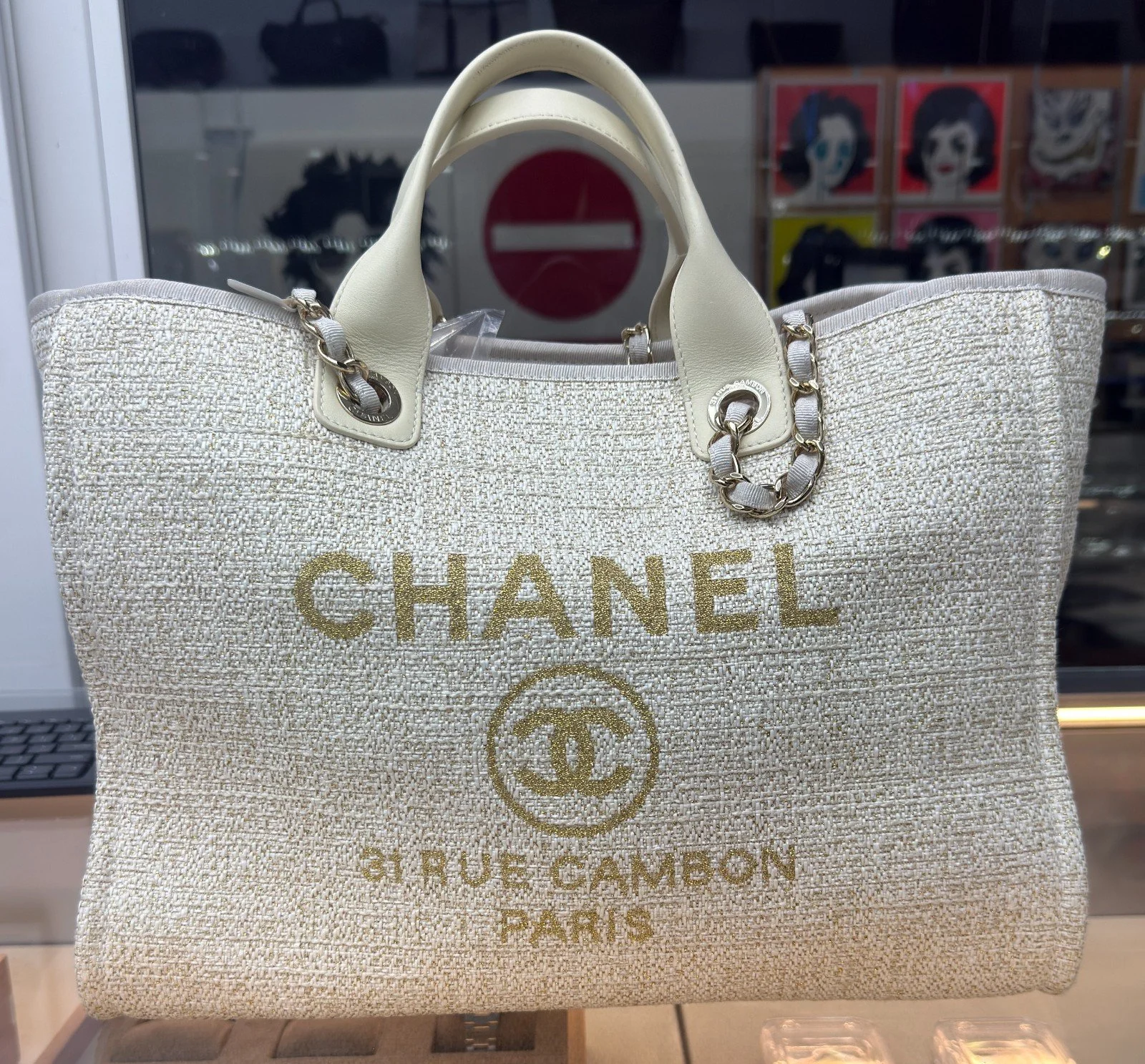 Chanel Deauville Tote Bag Ecru Gold Tweed Canvas Chain Shoulder Bag Handbag
