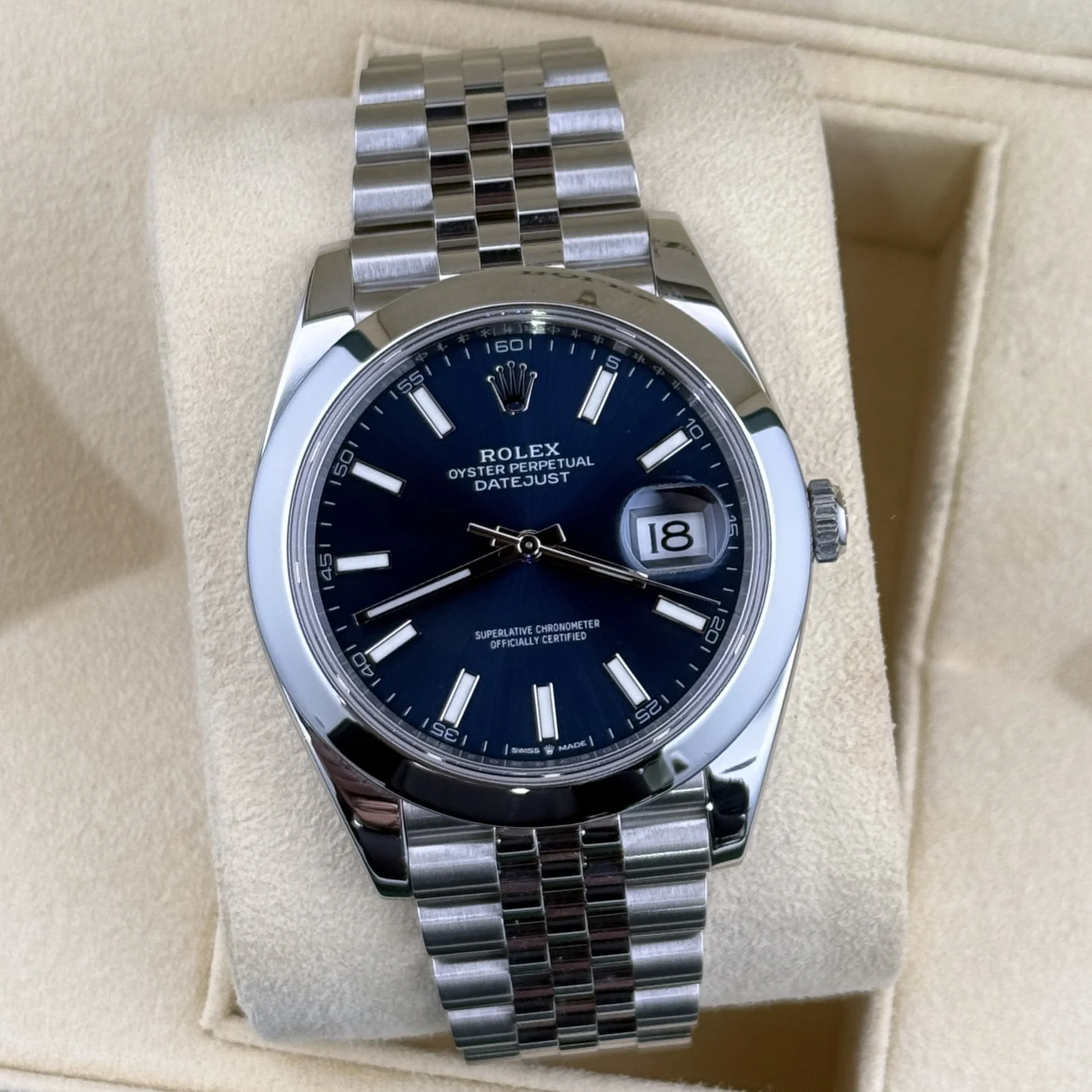 Rolex Datejust 41 Blue Dial Smooth Bezel Jubilee Steel 126300 Men’s Watch