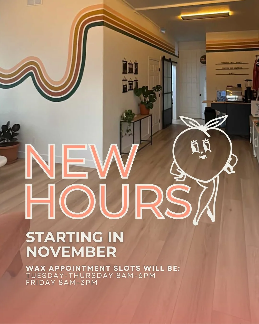 Peachies and coffee cart lovers, we will have new hours starting in November 🍑☕️ 

Reach out if you have any questions. Remember, no appointment needed for coffee, flowers, and merch! 🫶🏼