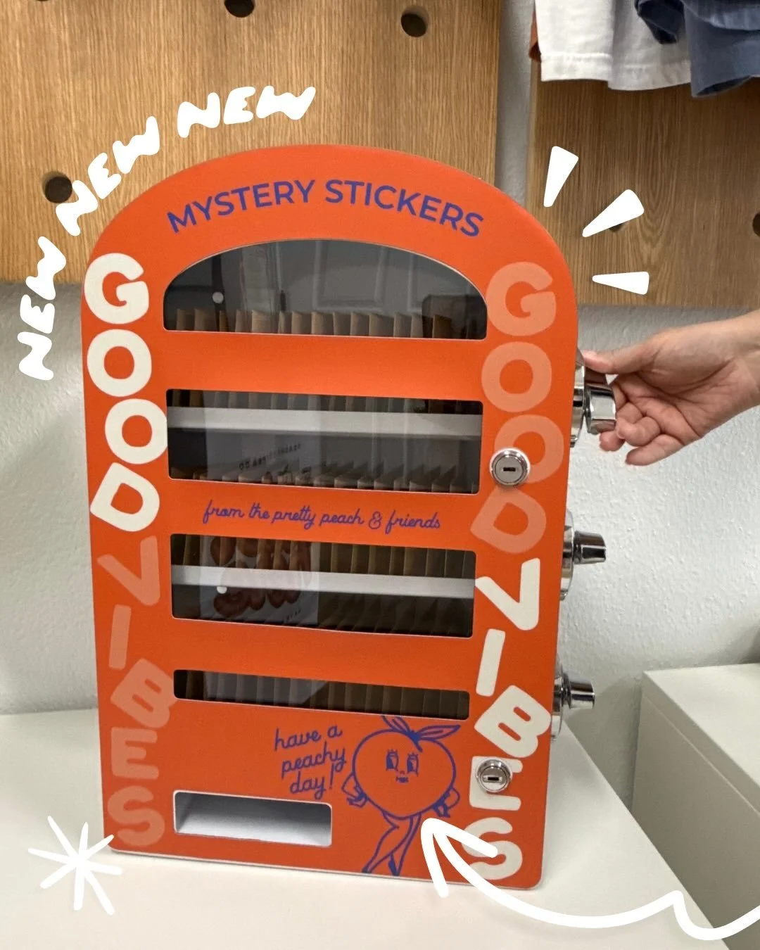 Peachies!! We have something new and exciting making its debut at the studio! Introducing the Mini Mystery Vending Machine &mdash; only $2 for a token, and chances to snag stickers, temporary tattoos, small keychains, free coffee coupons, and discoun