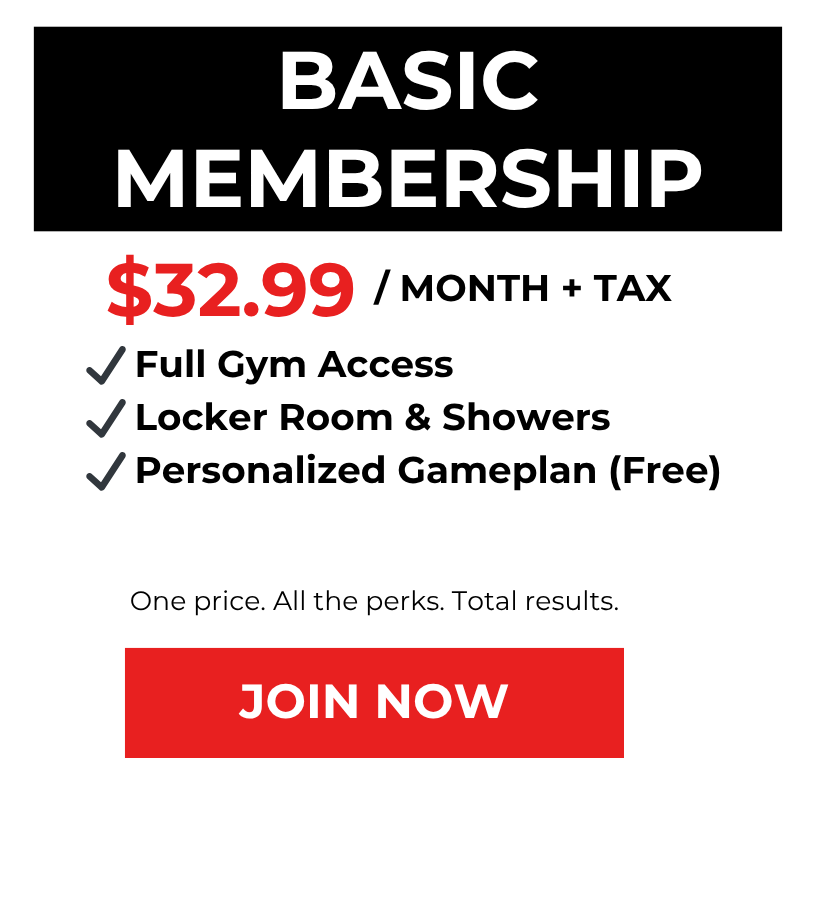 Advertisement for basic gym membership costing $32.99 per month plus tax, including full gym access, locker room and showers, and a personalized free workout plan. Features a red 'Join Now' button.