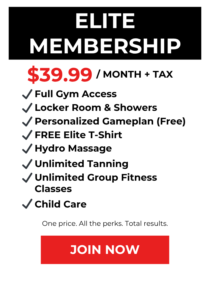 An advertisement for an elite gym membership costing $39.99 per month plus tax, offering full gym access, locker room and showers, a free personalized game plan, a free elite T-shirt, hydro massage, unlimited tanning, unlimited group fitness classes, and child care. The ad emphasizes one price for all perks and features a red 'Join Now' button.
