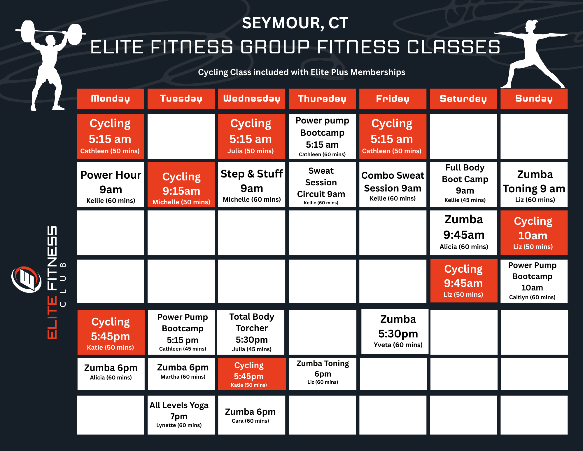 Fitness class schedule for Elite Fitness Group Classes in Seymour, Connecticut, including cycling, power hour, step and stuff, sweat session, combo sweat session, full-body boot camp, Zumba, total body torch, all levels yoga, and power pump bootcamp, with times and instructors listed for each day of the week.