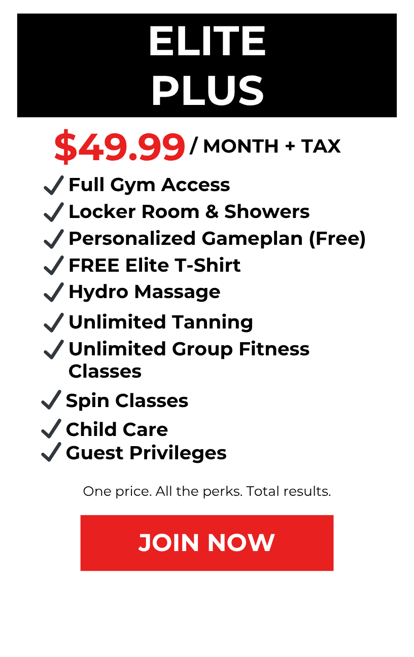 Advertisement for Elite Plus gym membership, priced at $49.99 per month plus tax, including full gym access, locker room and showers, personalized workout plan, free T-shirt, hydro massage, unlimited tanning, group fitness classes, spin classes, child care, and guest privileges, with a red 'Join Now' button.