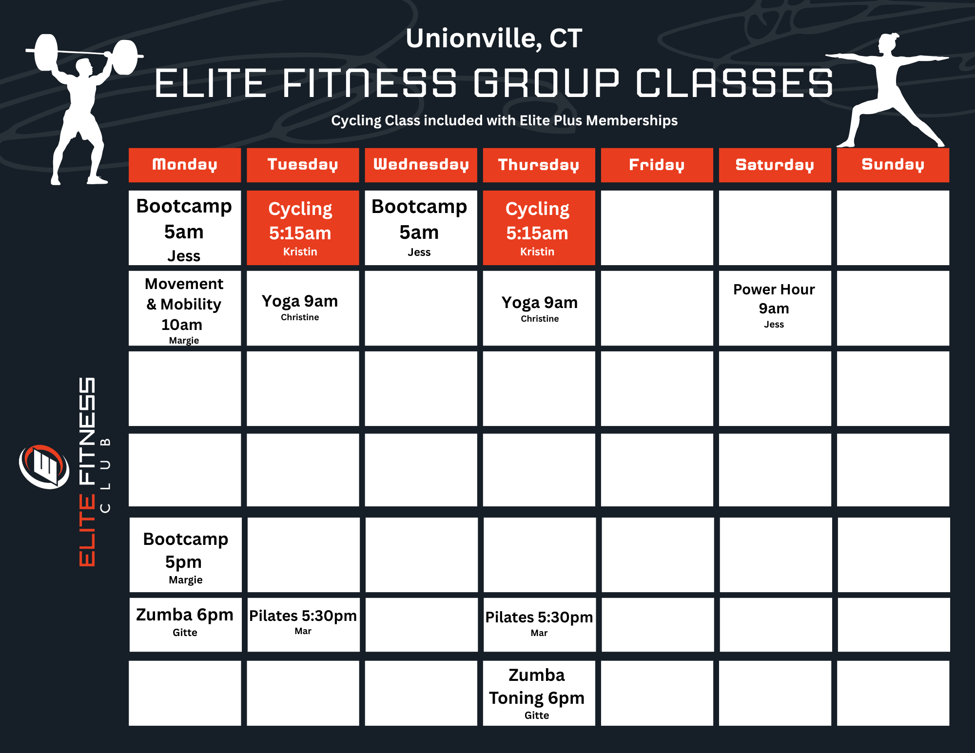 Weekly fitness class schedule for Unionville, CT, at Elite Fitness Club showing boxing, cycling, yoga, power hour, Zumba, and Pilates classes, with instructor names and times.