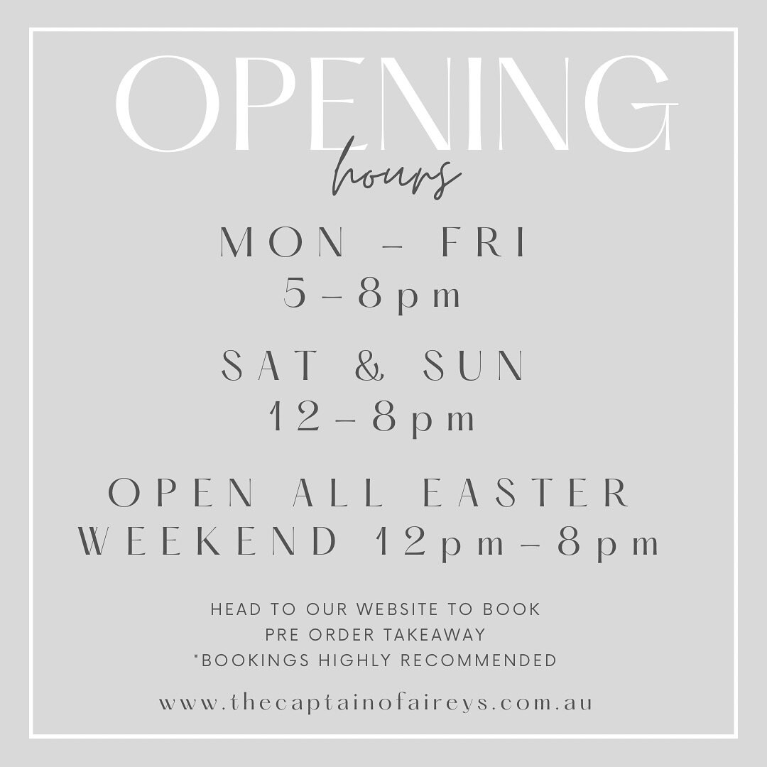 Our normal hours continue through the school holidays, plus all day on the Easter long weekend!! 
Can&rsquo;t wait to see everyone!! 
Don&rsquo;t forget to book your table and order your takeaway ahead&hellip; it&rsquo;s gonna be a busy!!! 
#thecapta