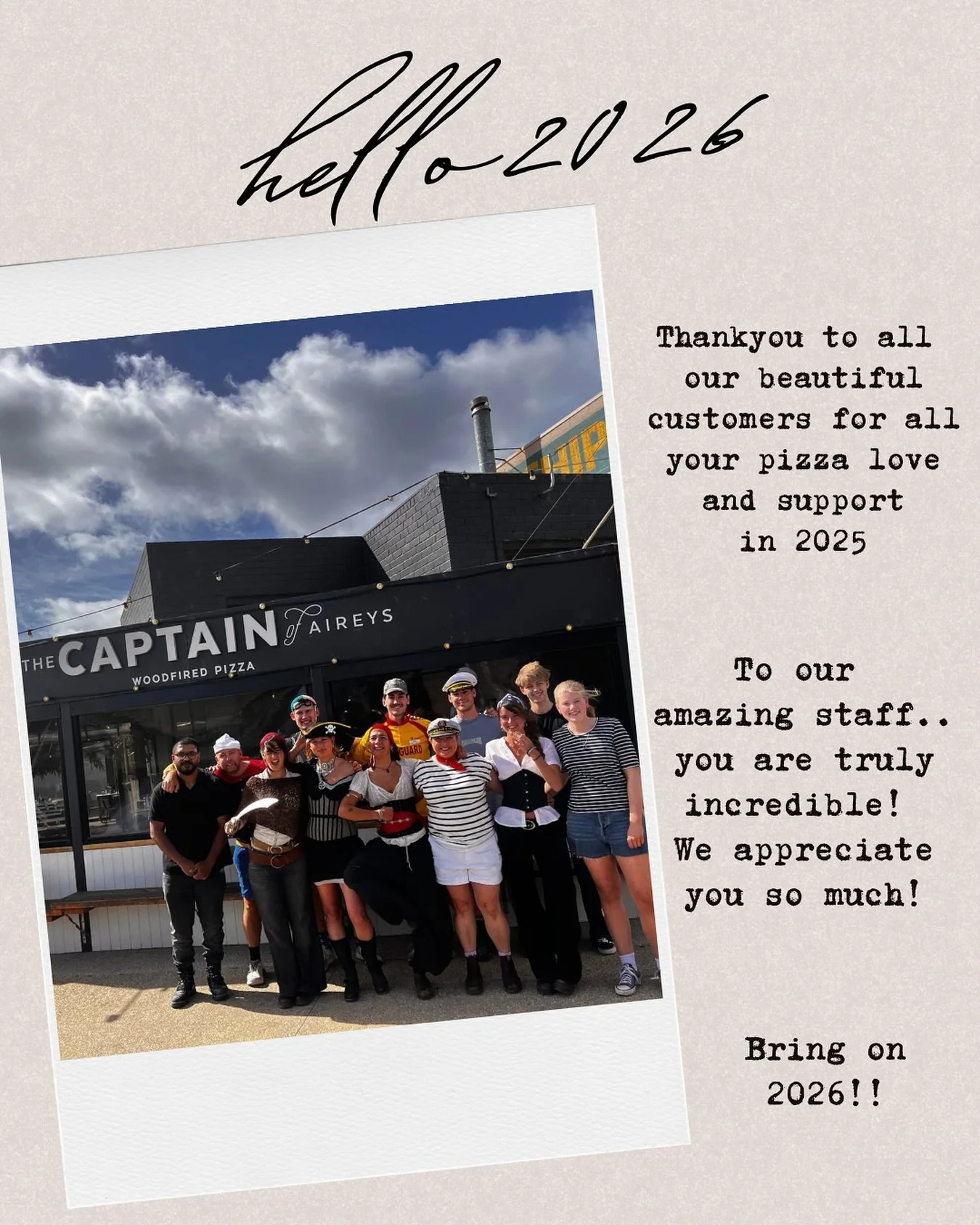 What a year, what a team!! 
Here EVERYDAY 12-8:30pm during summer! 
We can&rsquo;t wait to see you! 

#woodfiredpizza #pizza #woodfired #aireysinlet #foodaireysinlet #thecaptainofaireys