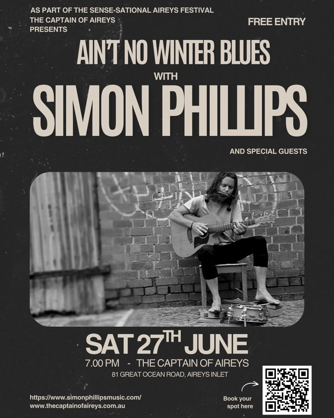 We are super excited to have the incredible @simonphillipsmusic playing here in June as part of the Sense-ational Aireys Festival. 
Meet your mates, grab a feed, drink some delicious wine &amp; enjoy to music! 
Spots are booking fast so if you want t