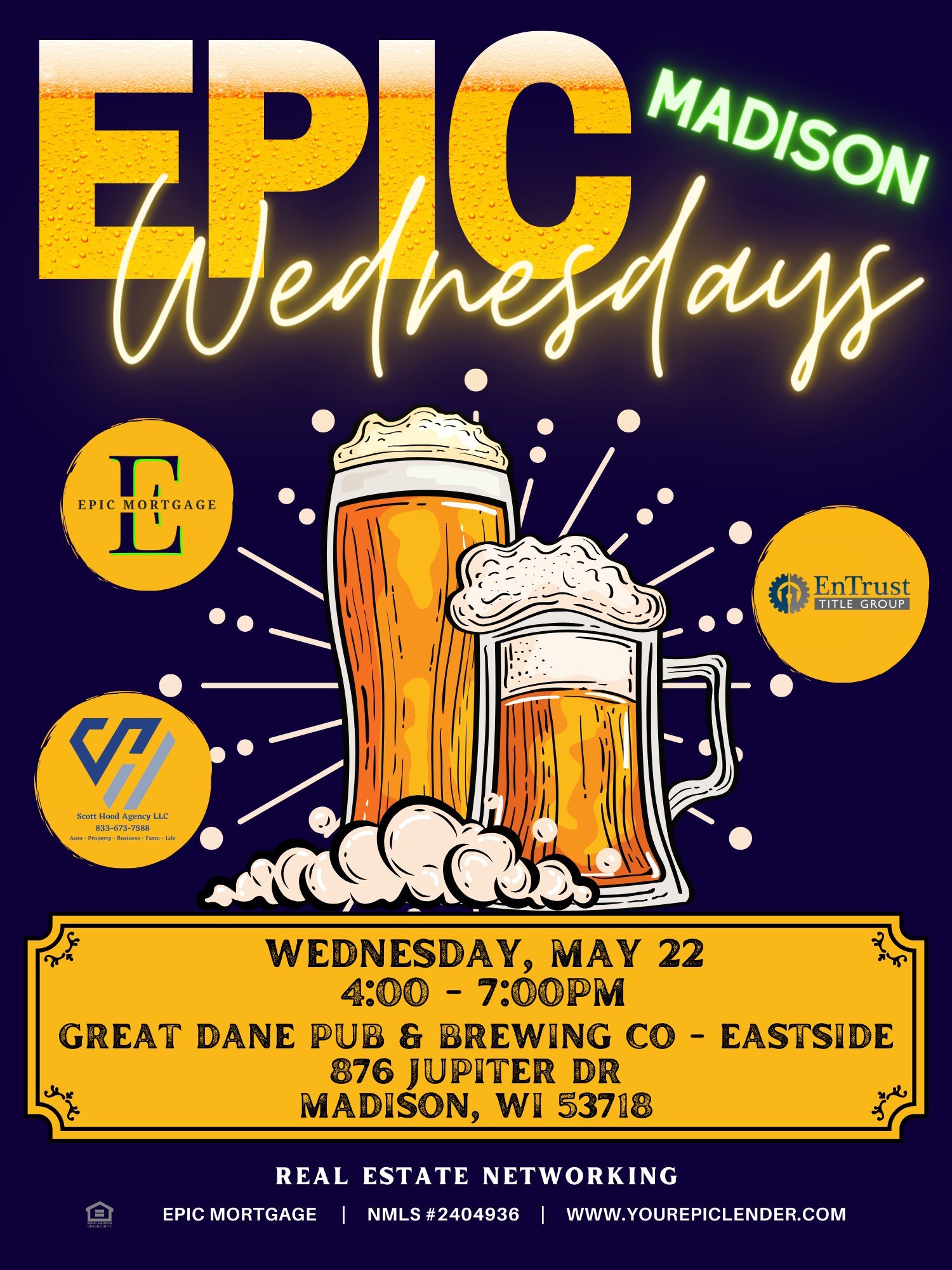 🍻Epic Wednesday MADISON!🍻

Will we see you at our first Epic Wednesday in Madison?  Let us know if you can make it!

RSVP: https://bit.ly/epicwed-madisonmay2024 

A big thank you to our sponsors!
Scott Hood Agency LLC 
EnTrust Title Group 

#yourep