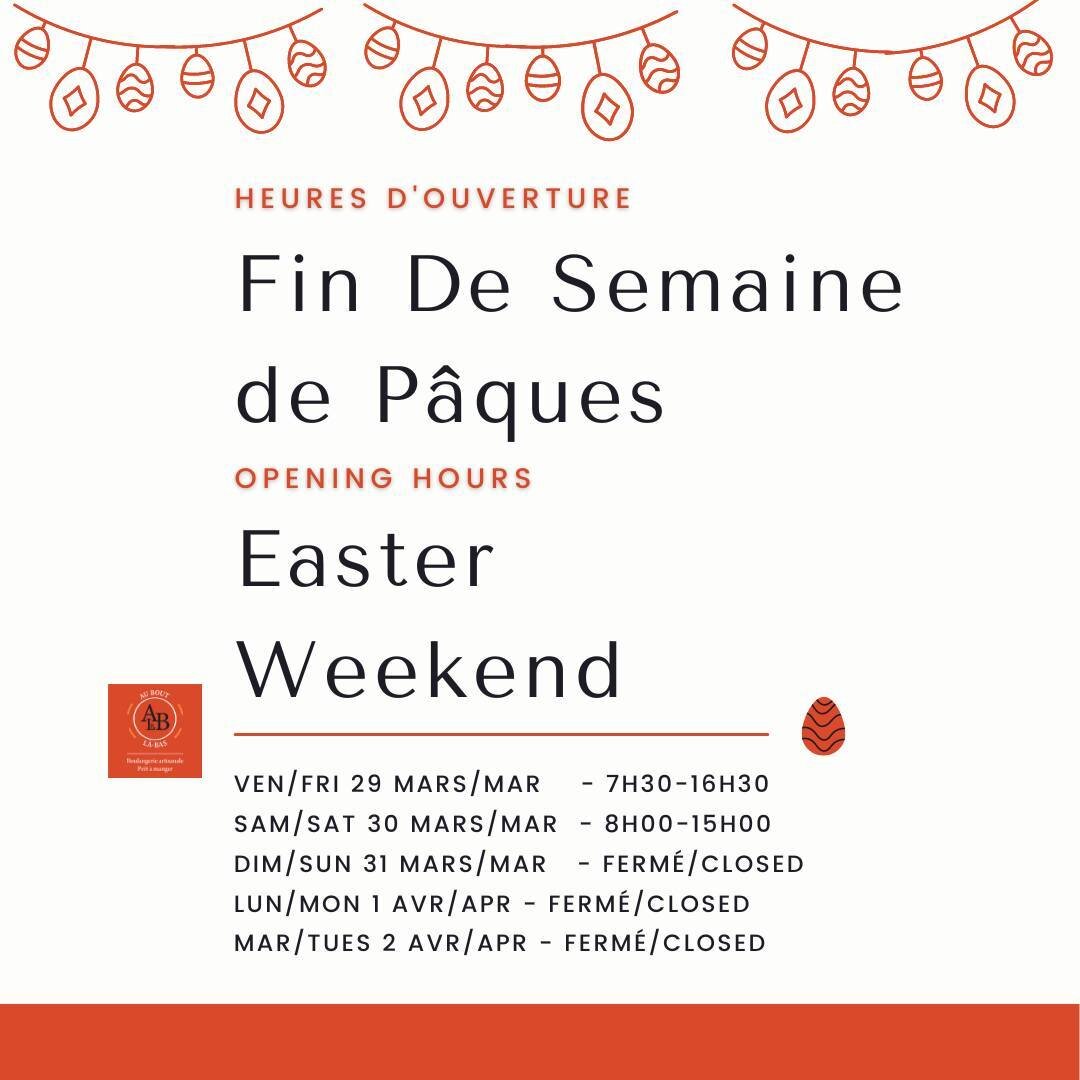🥐Veuillez prendre note de nos heures d'ouverture pour la fin de semaine de P&acirc;ques !🐣
🥐Please take note of our Easter Weekend hours!🐣