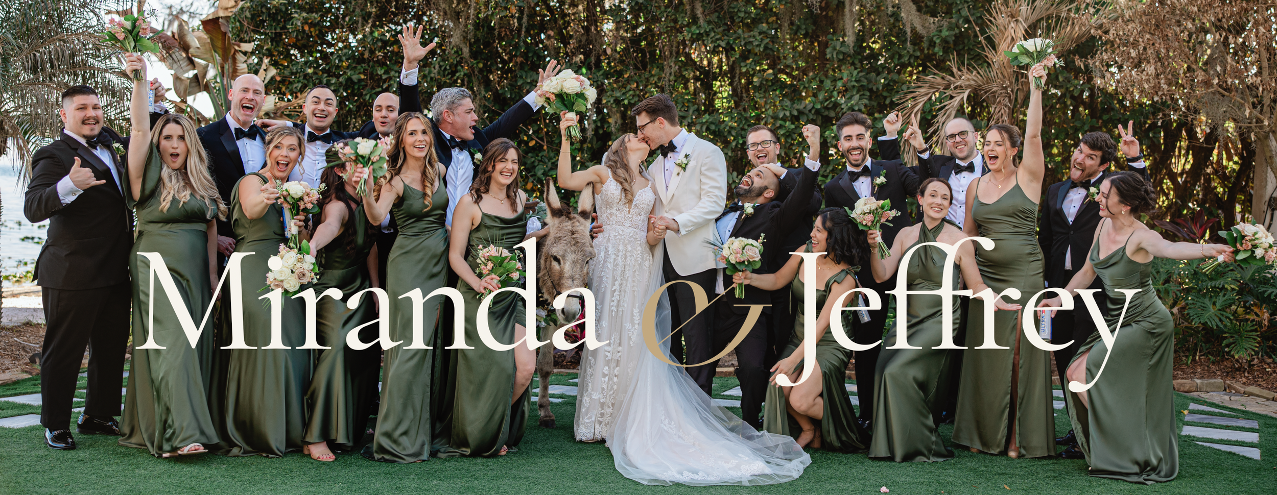 Miranda and Jeffrey kiss surrounded by their cheering wedding party in sage green dresses and black tuxedos at Paradise Cove Orlando — photographed by Castaldo Studio Weddings