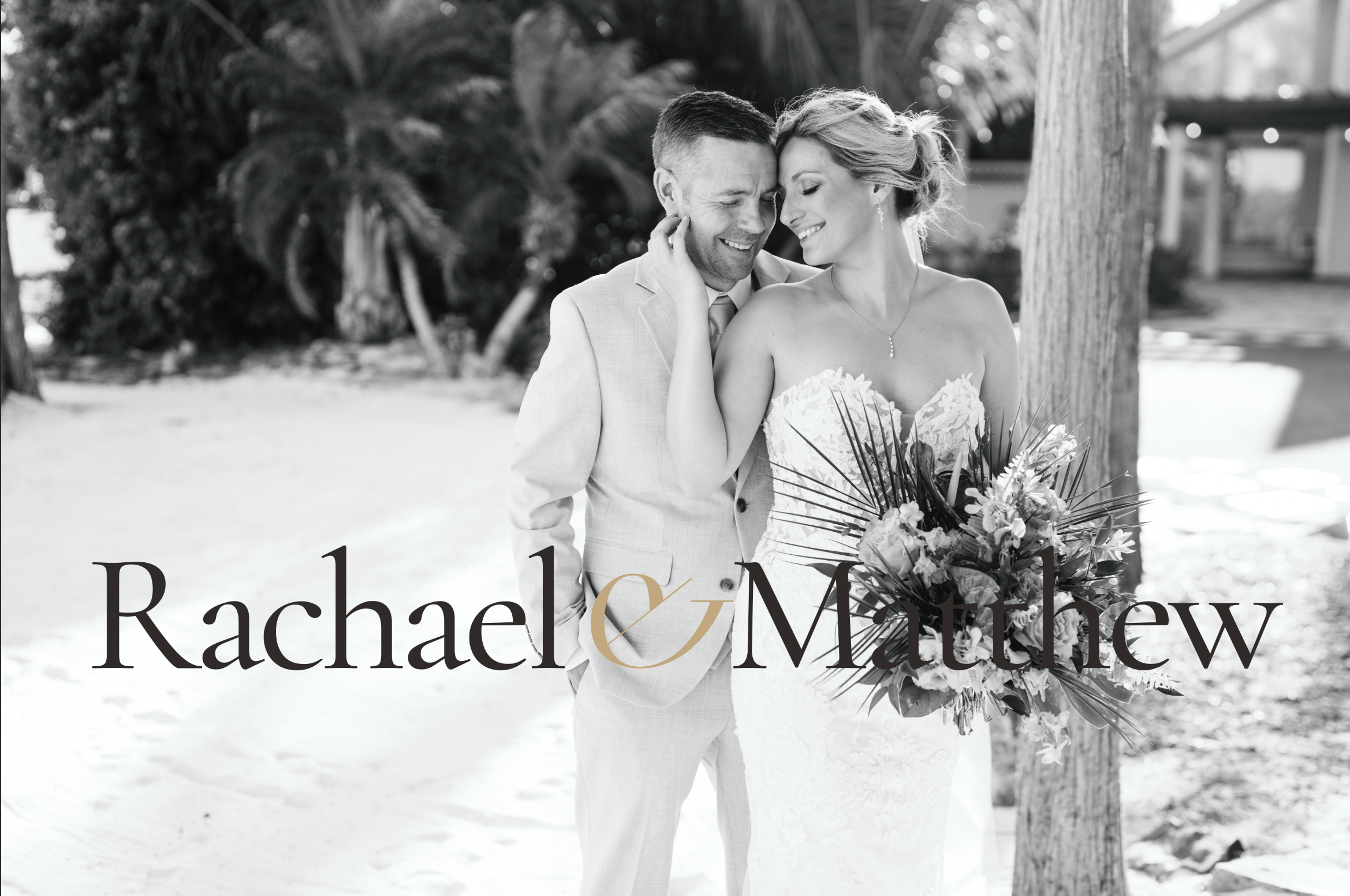 Black and white portrait of bride and groom Rachael and Matthew at their Paradise Cove Orlando destination wedding, captured by Castaldo Studio Weddings, luxury wedding photographers in Orlando Florida.