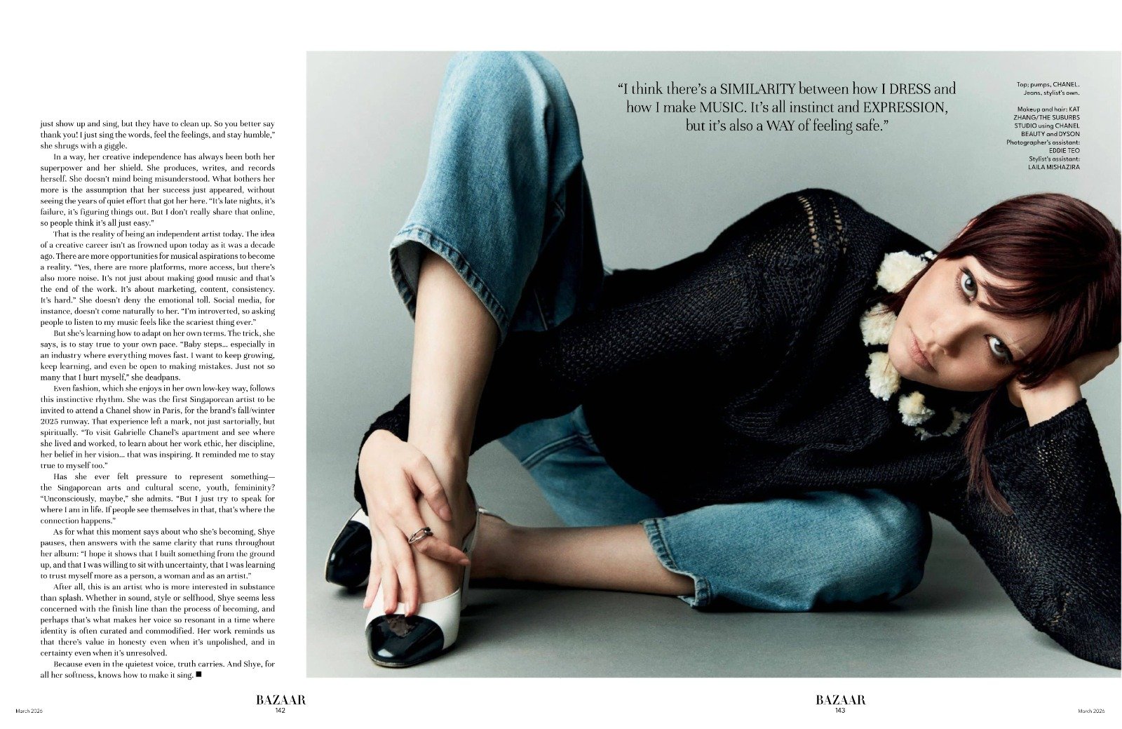 Hair and makeup by Kat Zhang of The Suburbs Studio for Shye for Harper's Bazaar publication