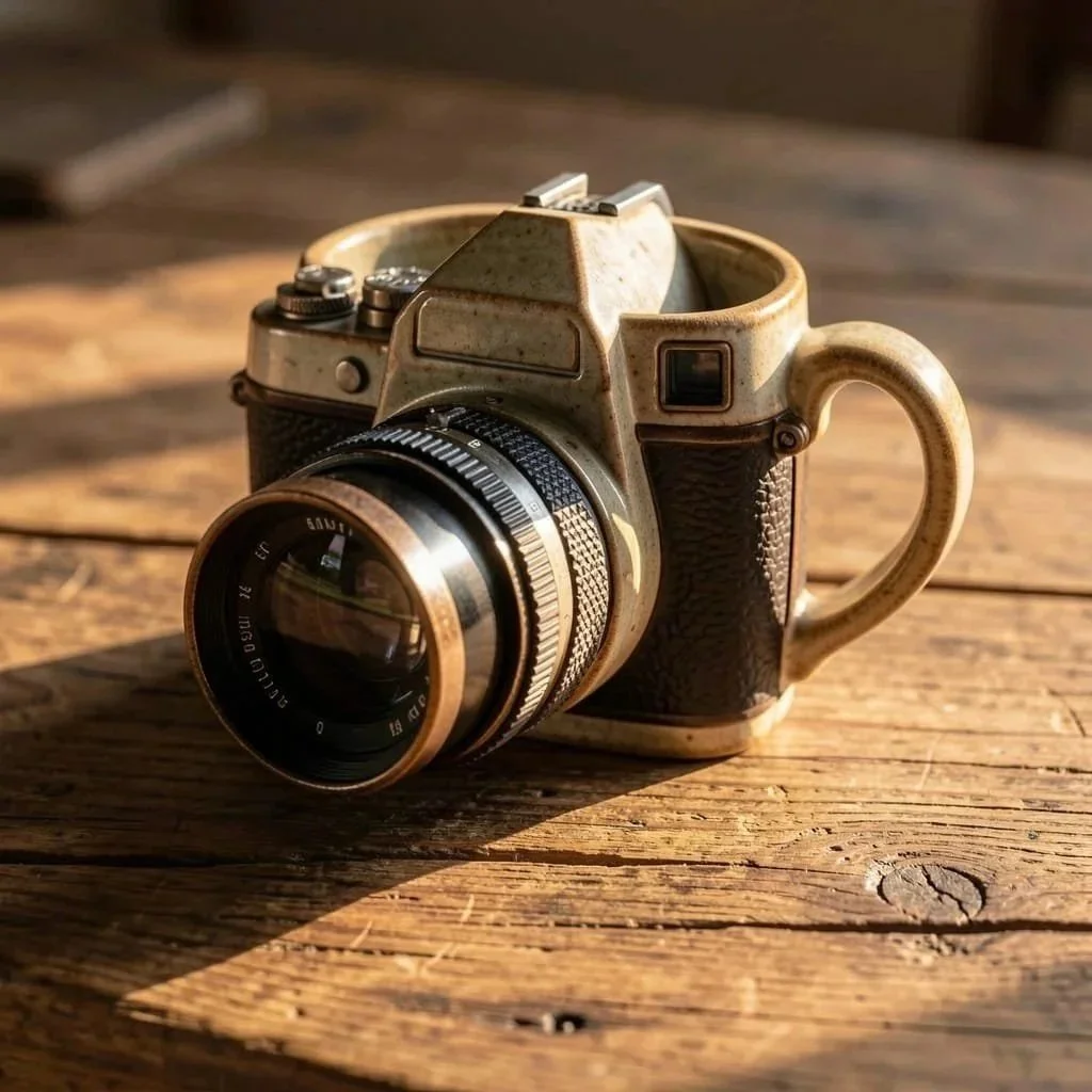 A vintage camera designed as a mug with a handle, placed on a wooden surface with sunlight.