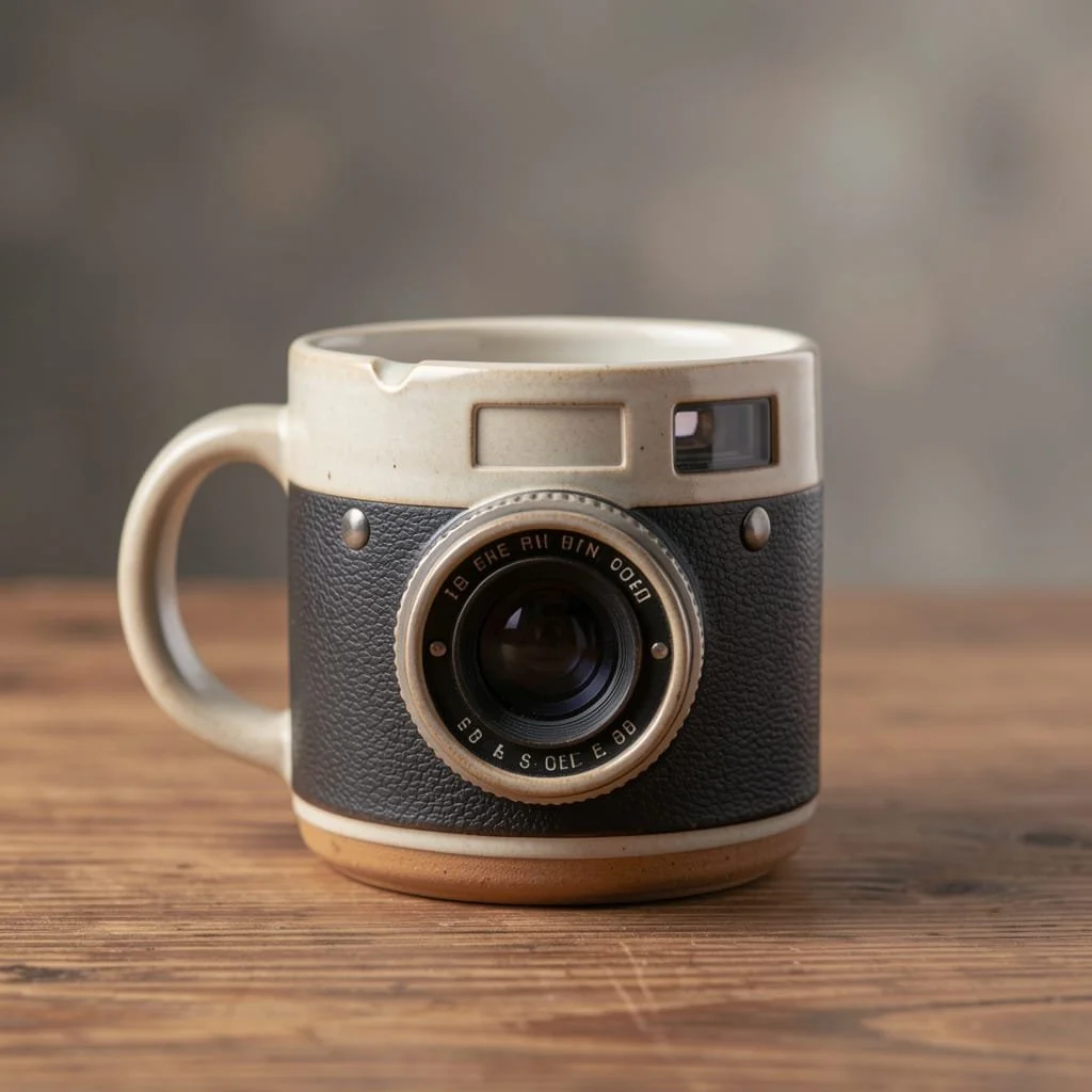 A coffee mug designed to look like a vintage camera, placed on a wooden surface with a plain background.