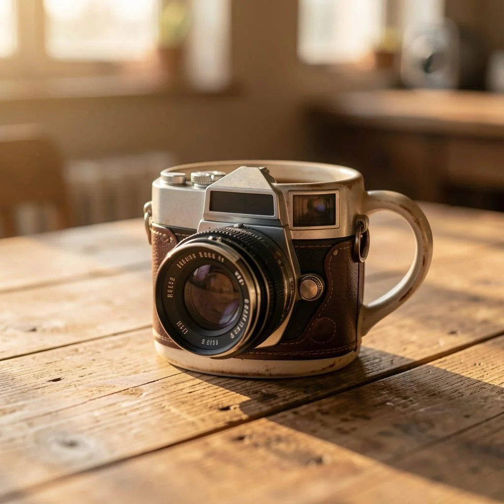 A vintage camera with a leather body attached to a mug, placed on a wooden table with a blurred background of a cozy indoor setting.