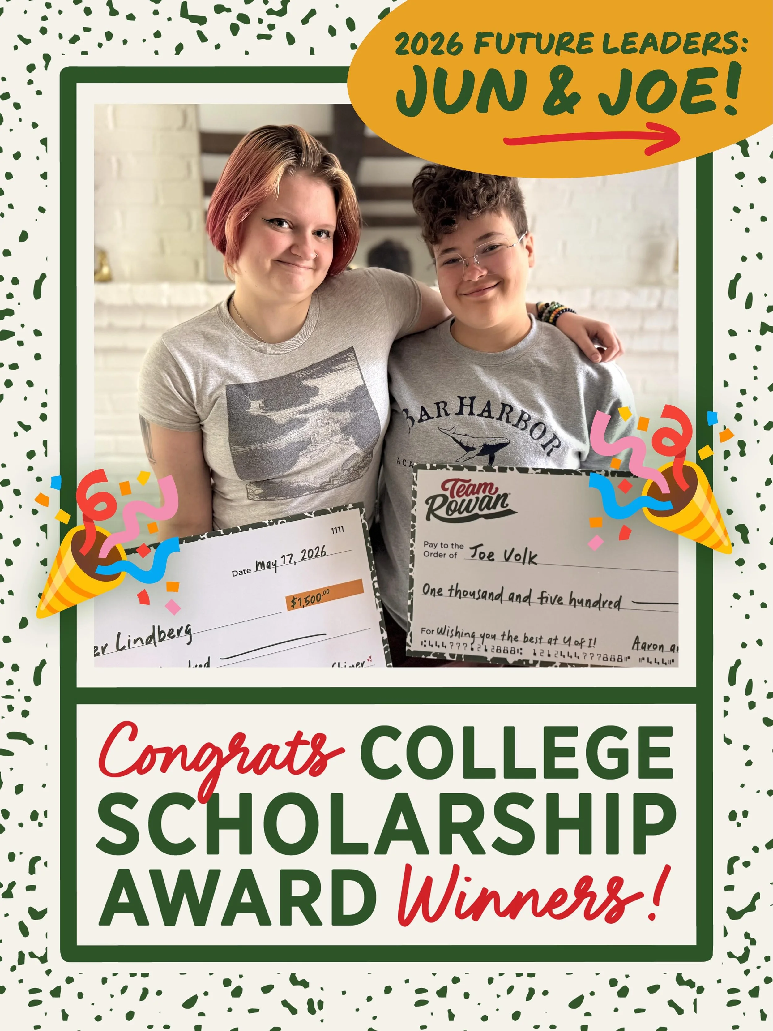 Announcing the winners of the inaugural Team Rowan Future Leaders College Scholarship!
⭐ Juniper Lindberg: Studying social psychology at Loyola University Chicago
⭐ Joe Volk: Studying nuclear engineering at the University of Illinois

They each demon